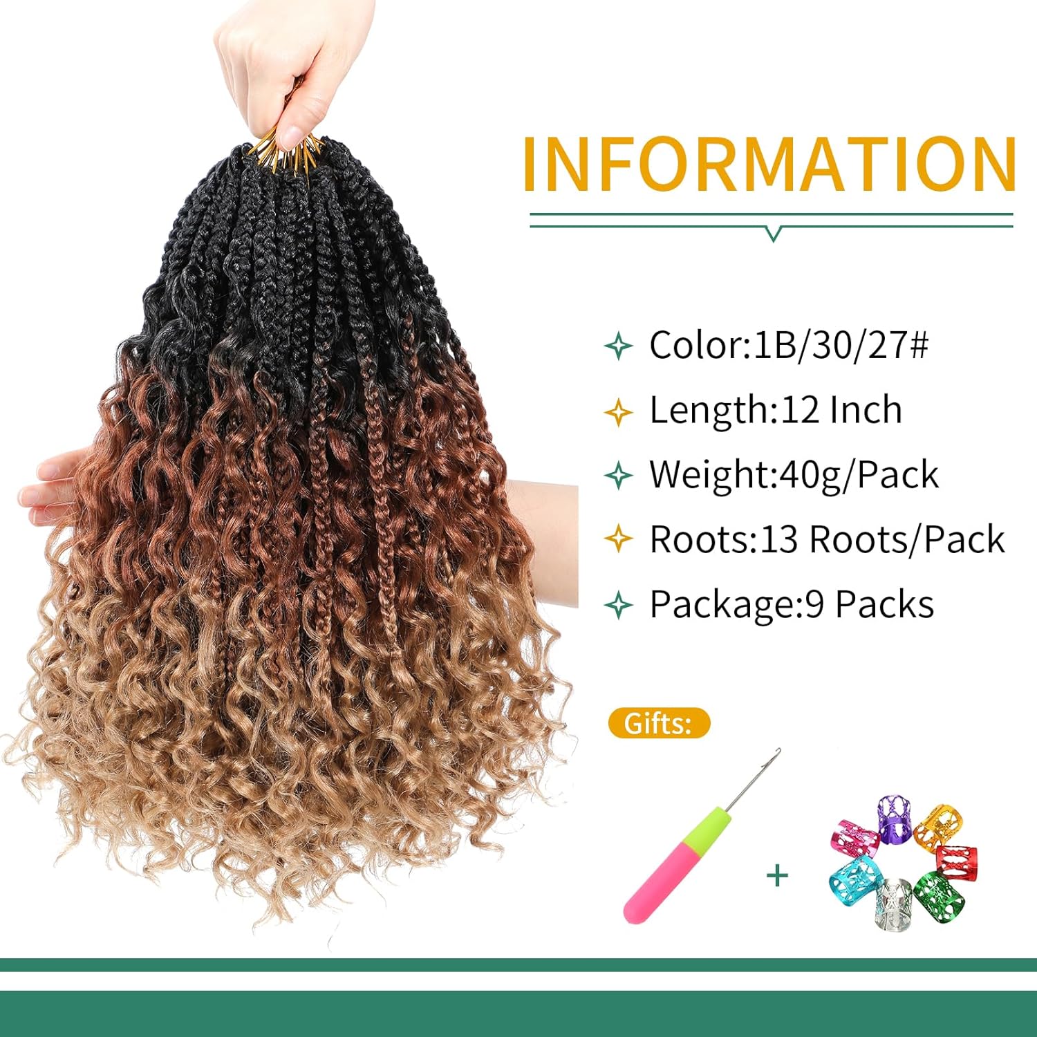 Karida 9 Packs Goddess Box Braids Crochet Hair 12 inch, Crochet Braids With Curly Ends, Pre-Looped Boho Box Braids Crochet Hair For Black Women (12 Inch, 1B/30/27#) - Image 2