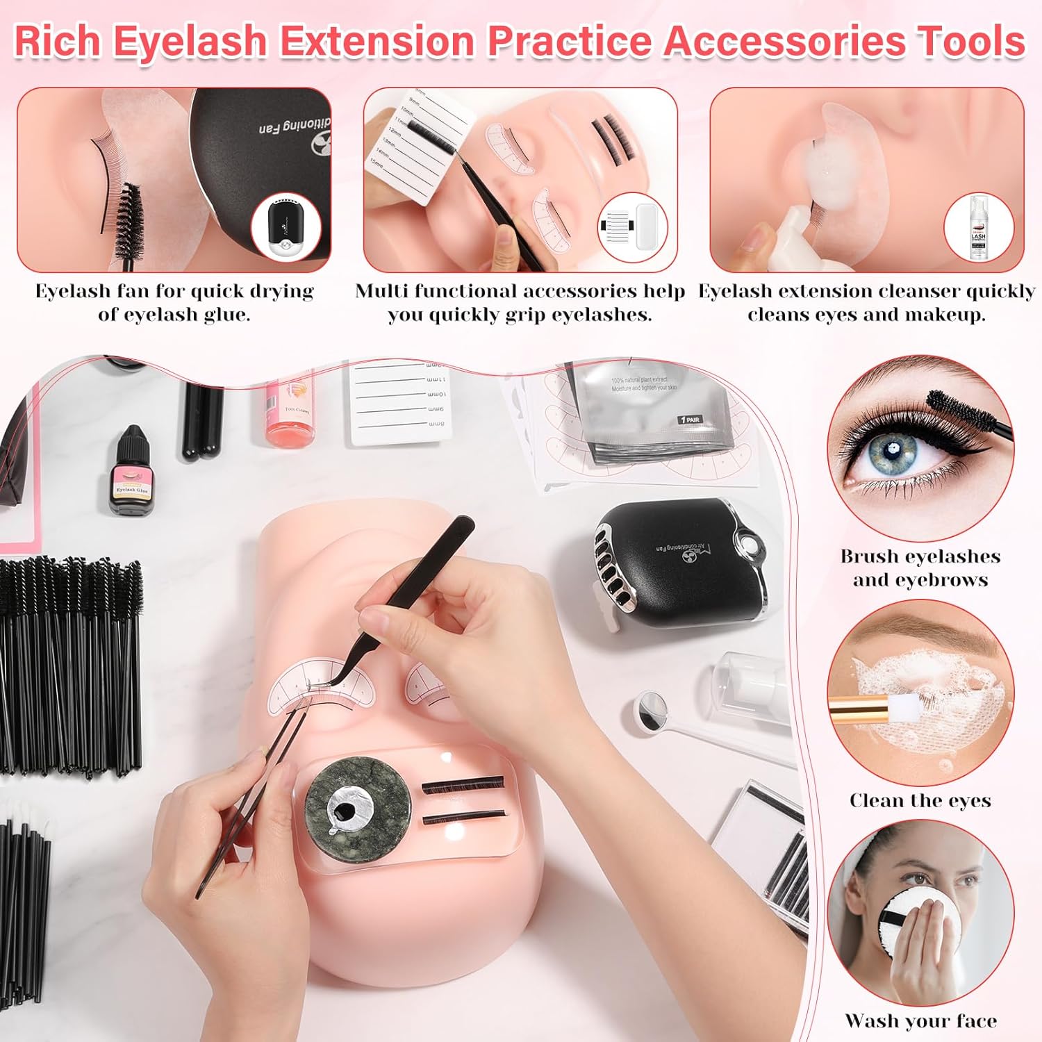 Lash Kit for Eyelash Extension Beginners Eyelash Extension Kit with Lash Mannequin Head, Eyelash Extension Practice Starter Kit with Everything USB Fan Lash Glue False Eyelash Lash Shampoo - Image 6