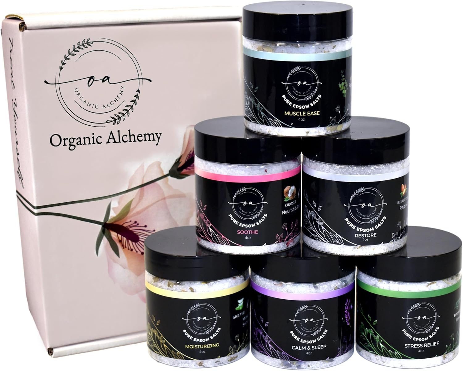 Epsom Bath Salts Gift Set, Relaxing Spa Salt & Essential Oils, Bubble Bath Soaks - Lavender, Eucalyptus, Coconut, Shea Butter, Rose Mary & Aloe Vera Self Care Gifts for Women (6 Pack)