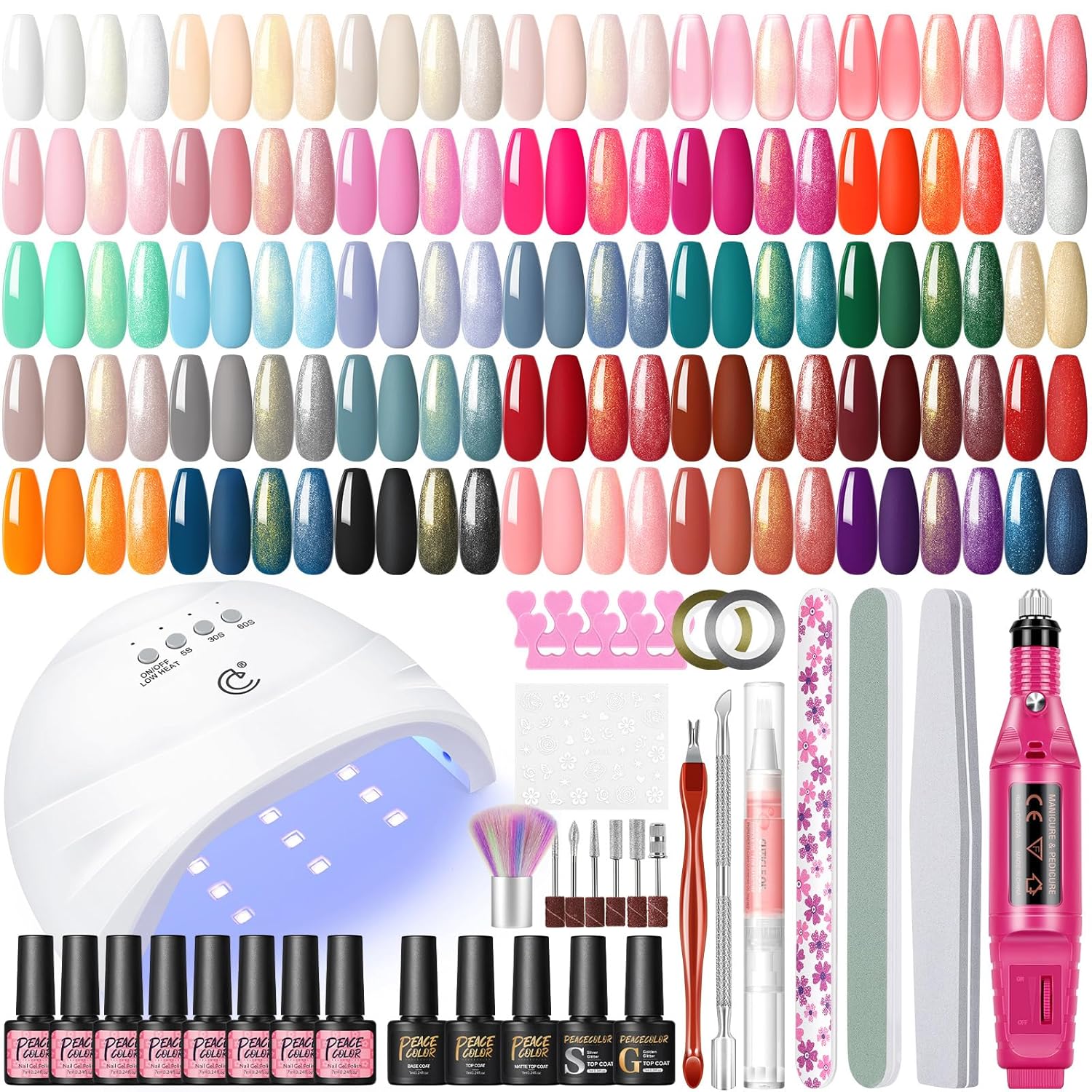 PEACECOLOR 53PCS Gel Nail Polish Kit with U V Light and Drill 35 Colors Gel Polish Nail Kit All Season Soak Off Polish Set with Matte Glitter Glossy Top Coat Manicure Tools DIY Home Women