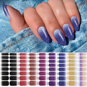 8 Sheets Gradient Glitter Nail Wraps Full Stickers Nail Polish Strips, DIY Self-Adhesive Fashion Color Nail Art Decals Party Women Decor with 1 Pcs Nail Files (128 Pieces)