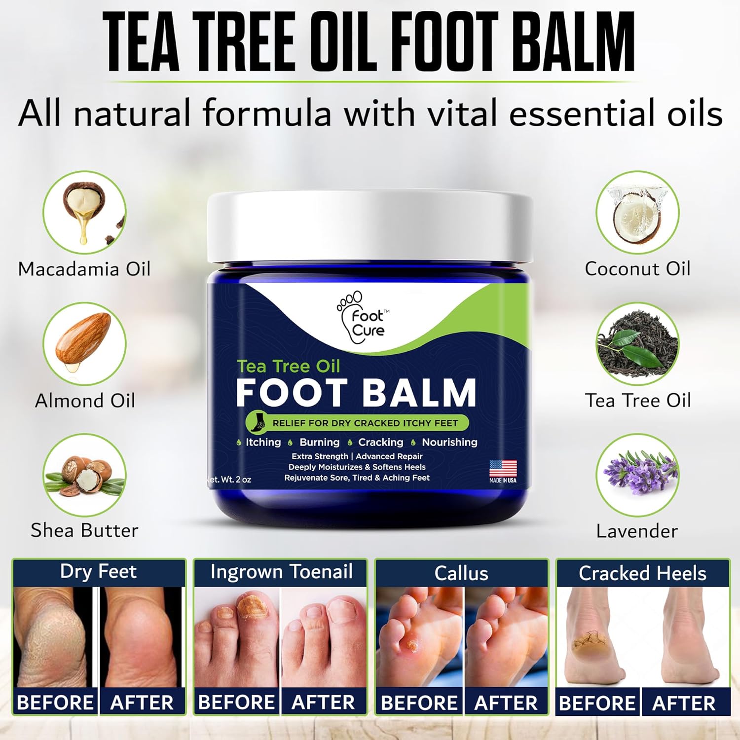 Tea Tree Oil Balm – Moisturizer for Dry Cracked Feet – Instantly Hydrates & Soothes Irritated Skin & Athlete's Foot – Best Care for Women and Men – Made in USA - Image 3