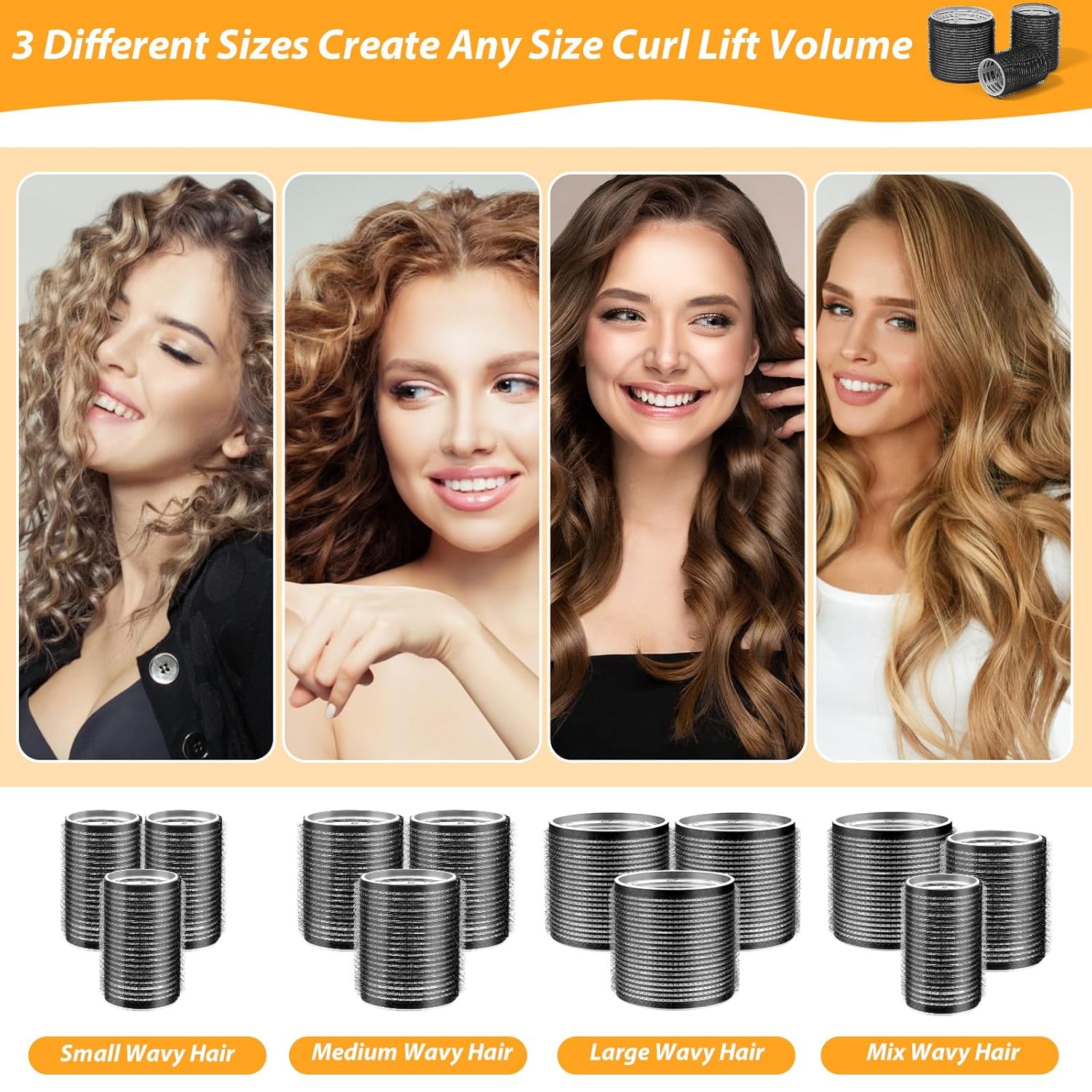 39PCS Self Grip Hair Rollers Curlers 3 Sizes Black Hair Roller 2.5in, 1.9in, 1.4in, Jumbo Curlers Roller with 12PCS Duckbill Clips Hair Rollers for Long Medium Short Thick Fine Volume Bangs - Image 4