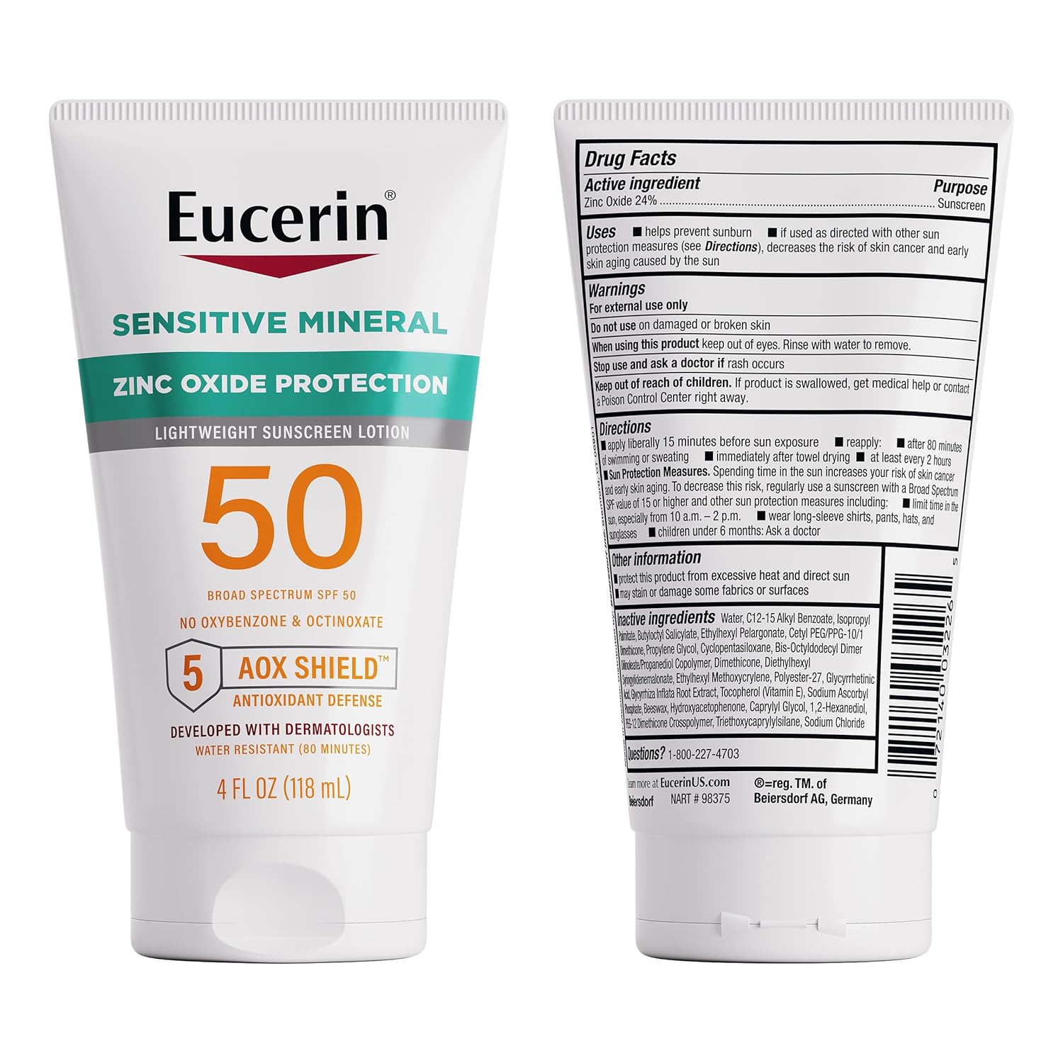 Eucerin Sun Sensitive Mineral Sunscreen Lotion SPF 50 with Zinc Oxide Protection, Hypoallergenic Sunscreen for Sensitive Skin, Oxybenzone and Octinoxate Free, 4 Fl Oz Tube - Image 9