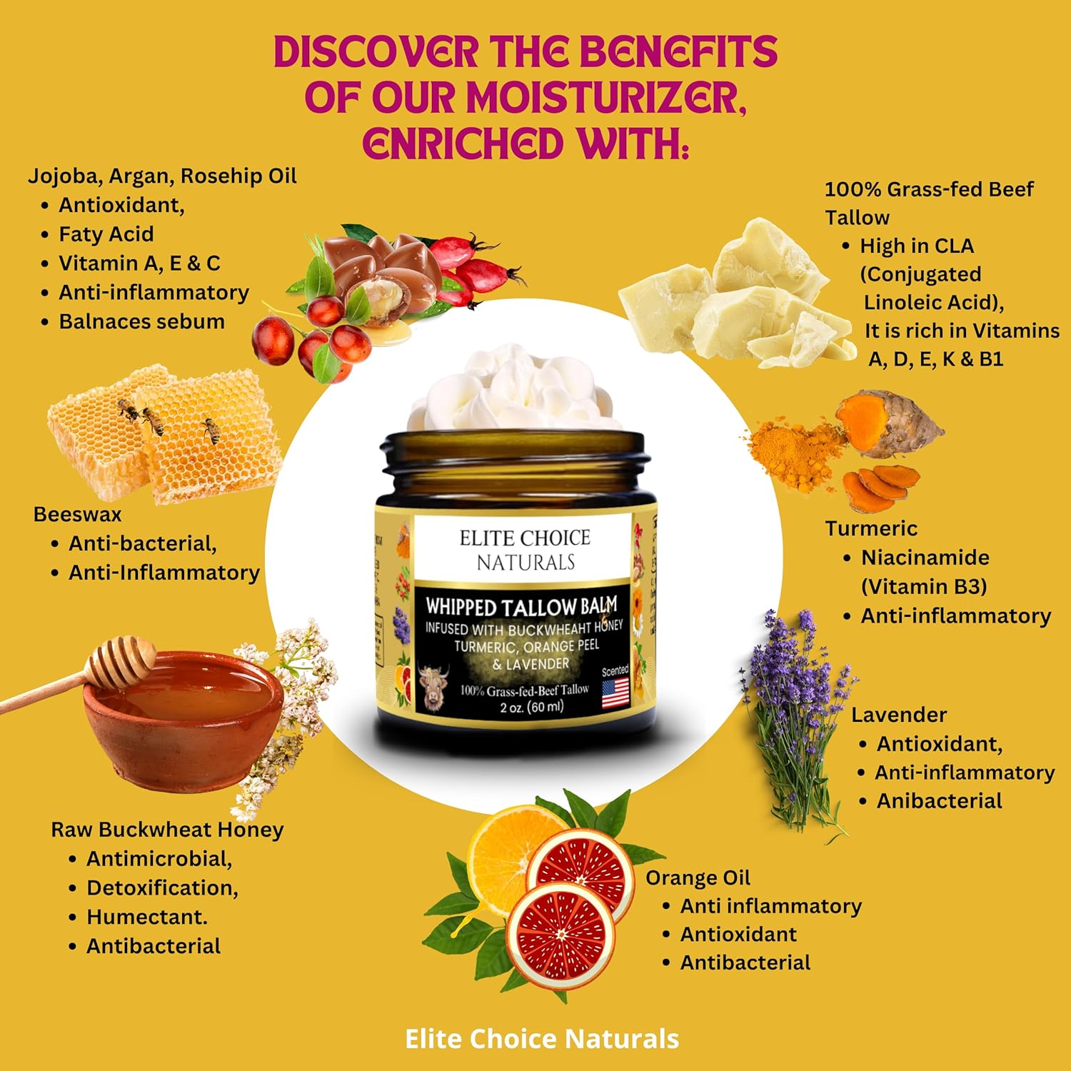 Tallow and Honey Balm – Whipped Beef Tallow for Skin & Face – Grass Fed Beef Tallow Organic Moisturiser – Nourishing Cream for Dry Sensitive Eczema Rosacea & Acne Prone Skin(2 Fl oz, Lavender Orange) - Image 4