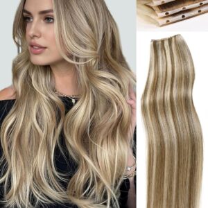 WIGNEE New Double Layered PU OVO Hair Extensions Blonde Ombre Straight Human Hair weft with beads 100% Real Human Hair Extensions 18 Inch Seamless Micro Beads Human Hair Extensions Glueless (9A/60)