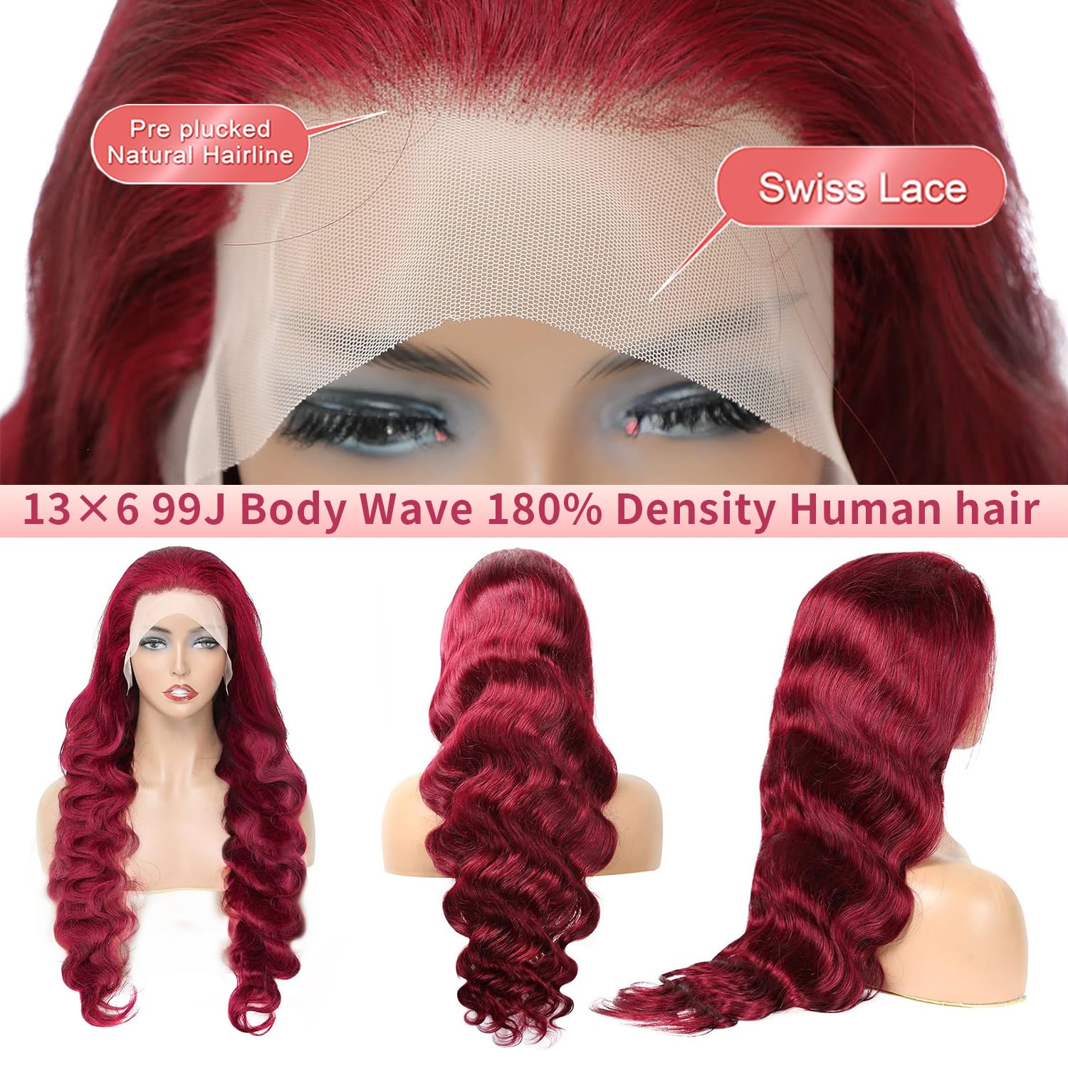 99j Burgundy Lace Front Wigs Human Hair 28 Inch 13x6 Body Wave Lace Front Wigs Human Hair Pre Plucked 180 Density HD Transparent Red Colored Wigs Human Hair for Women with Baby Hair - Image 5