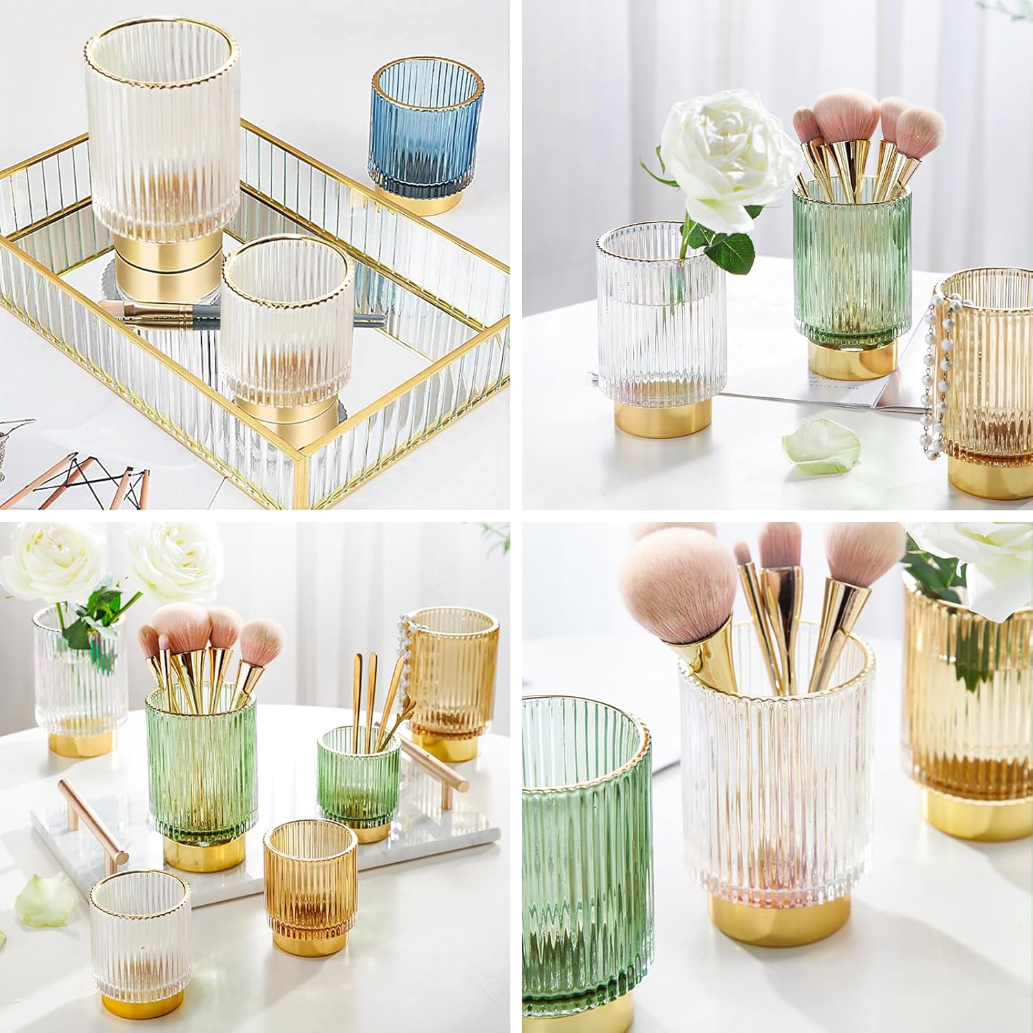 DASITON Makeup Brush holder Organizer,Crystal Cosmetic Makeup Brush Glass Brushes Storage Holder, Vintage Make Up Brush Cup Pen Pencil Holder striped vase(Clear S+L) - Image 4