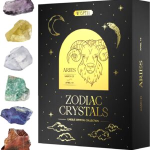 Wyspell Aries Crystal Set - 6 Raw Aries Crystals and Healing Stones - Zodiac Gifts for Women - Aries Healing Gifts - Aries Birthday Gifts - Astrology Gifts - Zodiac Crystal Set