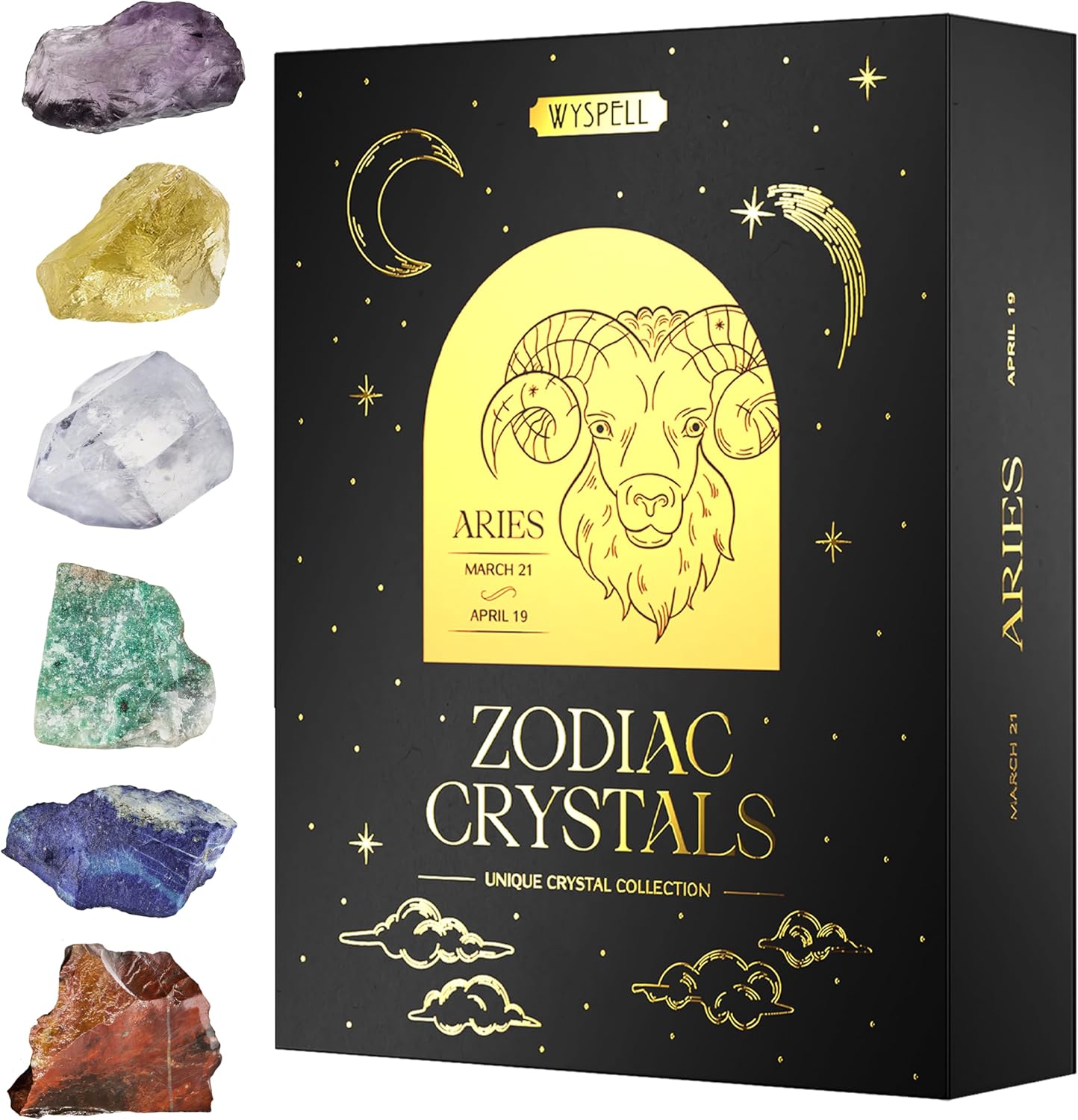 Wyspell Aries Crystal Set - 6 Raw Aries Crystals and Healing Stones - Zodiac Gifts for Women - Aries Healing Gifts - Aries Birthday Gifts - Astrology Gifts - Zodiac Crystal Set