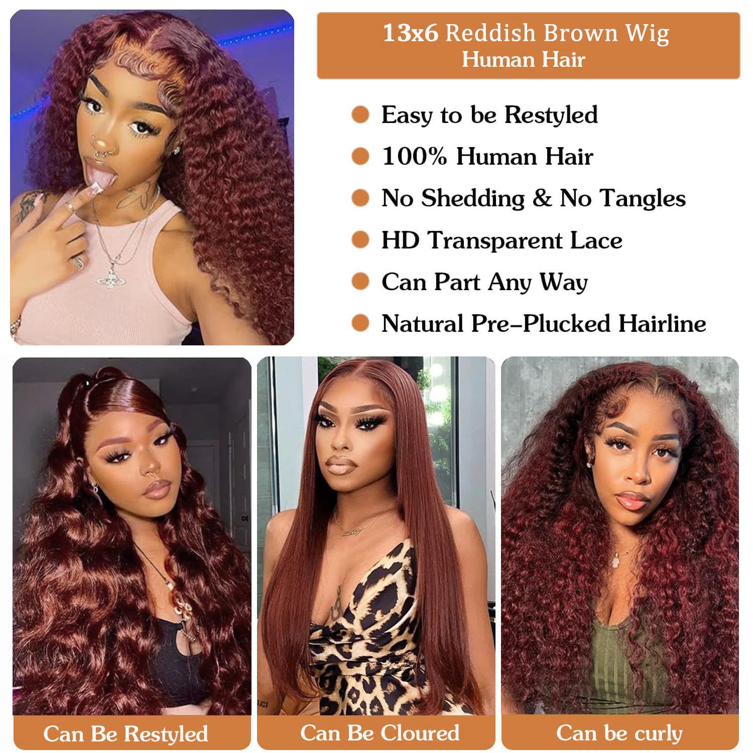 Reddish Brown Lace Front Wigs Human Hair 30 Inch Reddish Brown Curly Lace Front Wig 180 Density 33# Deep Wave 13x6 HD Lace Frontal Wigs Human Hair Pre Plucked for Women Auburn Colored Human Hair wig - Image 5