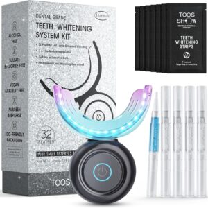 Teeth Whitening Kit for Sensitive Teeth,with 32X Waterproof LED Accelerator Light&4 Carbamide Peroxide Pen&14 Pcs Teeth Whitening Strips&1 Remineralization Pen,Tooth Whitener Professional Oral Care