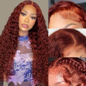 Reddish Brown Deep Wave Lace Front Wigs Human Hair 33b Color 13x4 HD Transparent Lace Frontal Wig for Women 180% Density Copper Red Glueless Curly Wig Pre Plucked 26 Inch