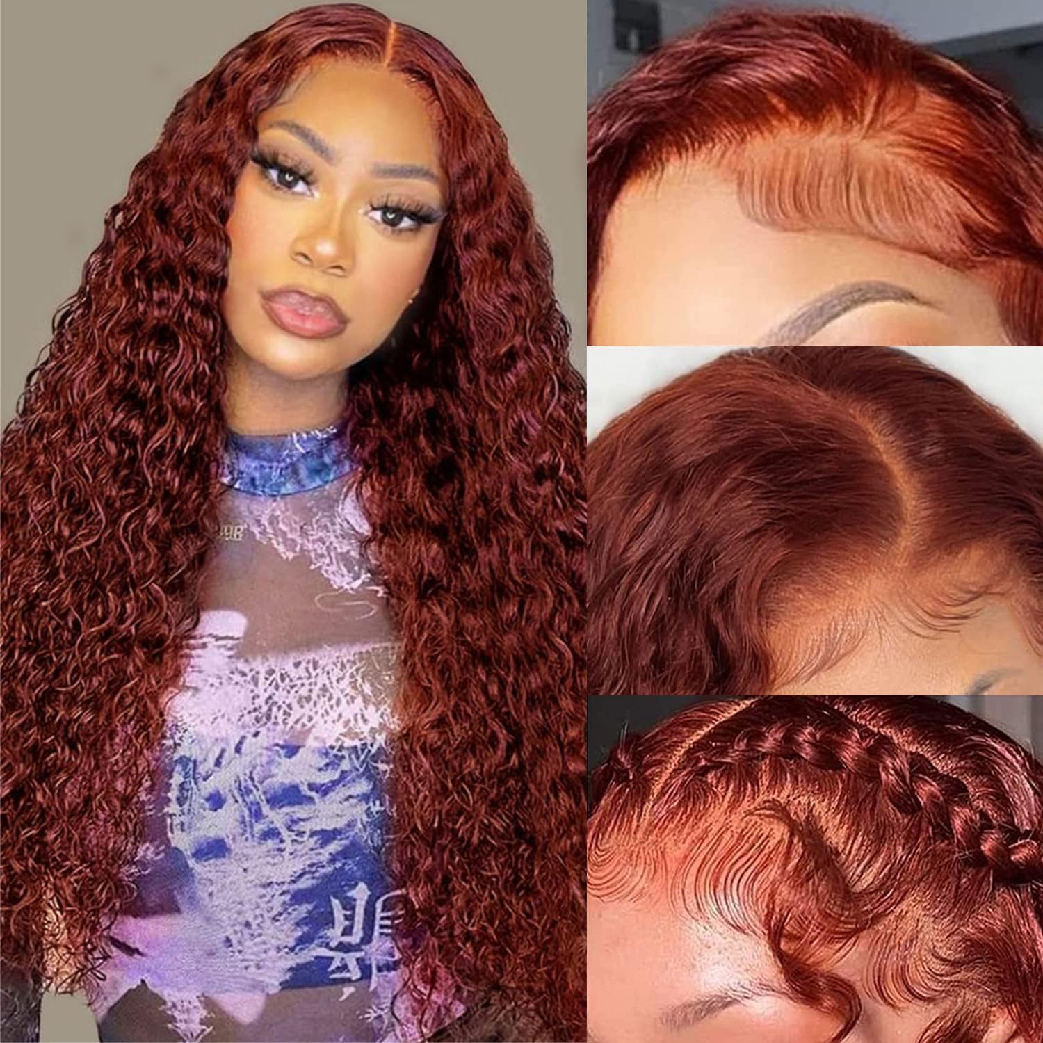 Reddish Brown Deep Wave Lace Front Wigs Human Hair 33b Color 13x4 HD Transparent Lace Frontal Wig for Women 180% Density Copper Red Glueless Curly Wig Pre Plucked 26 Inch