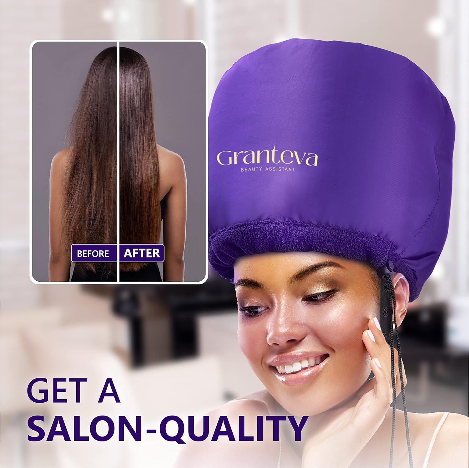 Bonnet Hair Dryer w/A Headband Integrated That Reduces Heat Around Ears & Neck - Hair Dryer Diffuser Cap for Hair Dryer Curly Hair, Speeds Up Drying Time, Deep Conditioning at Home - Large (Purple) - Image 5
