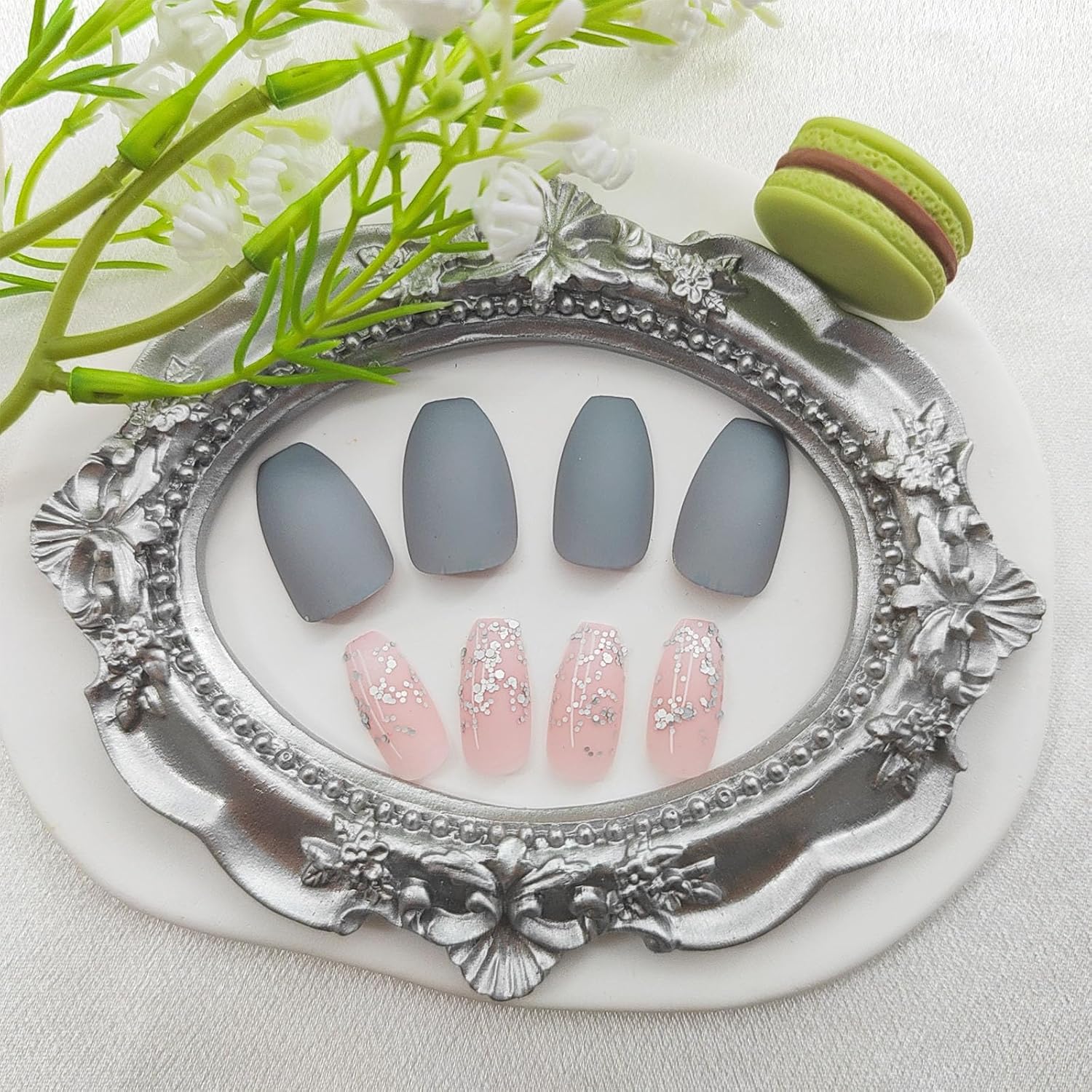 Coffin Press on Nails Short Fake Nails with Glitter Sequins Designs Acrylic Nails Press ons Matte Glue on Nails Grey Blue Full Cover Artificial Stick on Nails for Women 24Pcs - Image 3