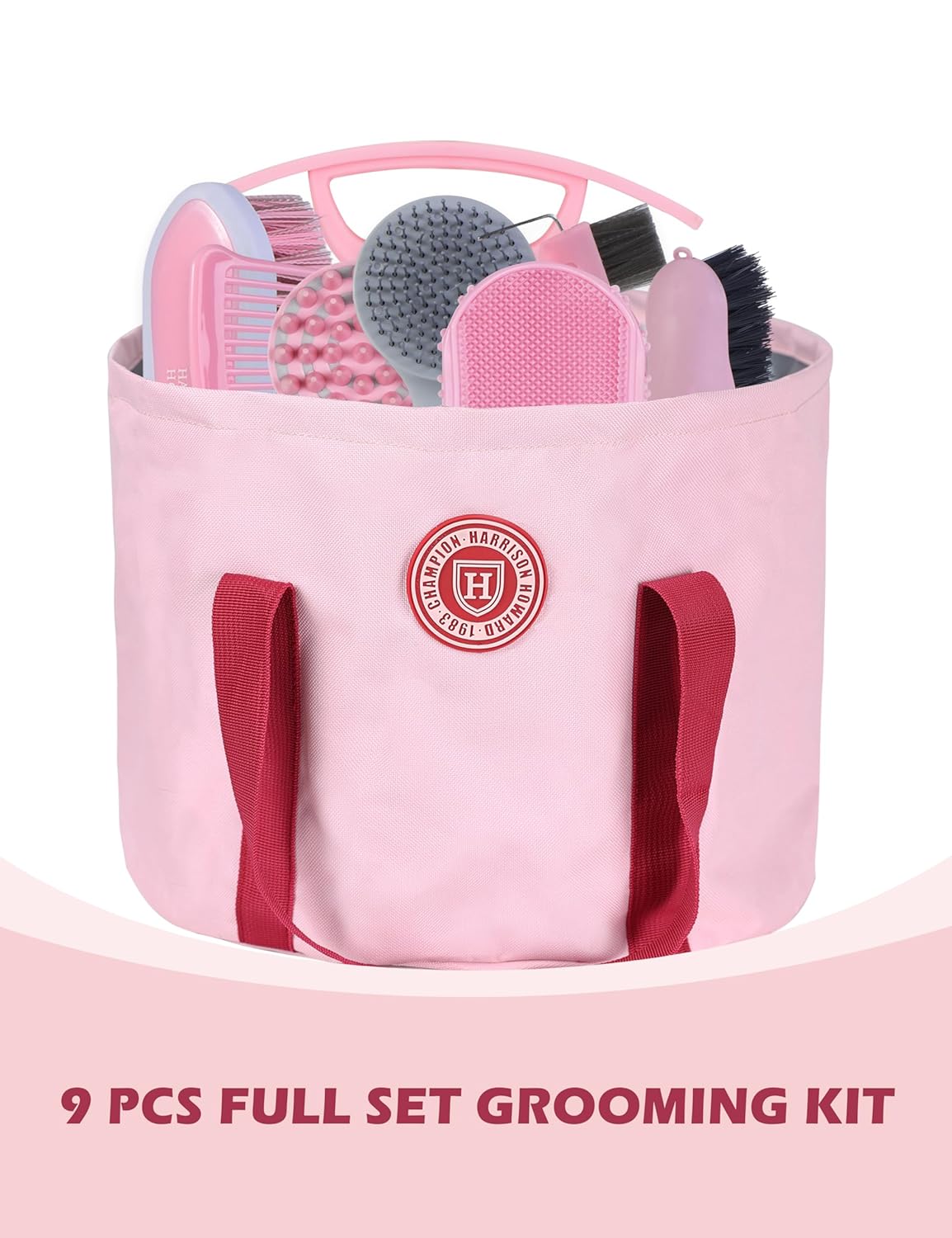 Harrison Howard Horse Grooming Kit 9-Piece Equine Care Series Horse Brush Sets with Organizer Tote Bag Pink - Image 2