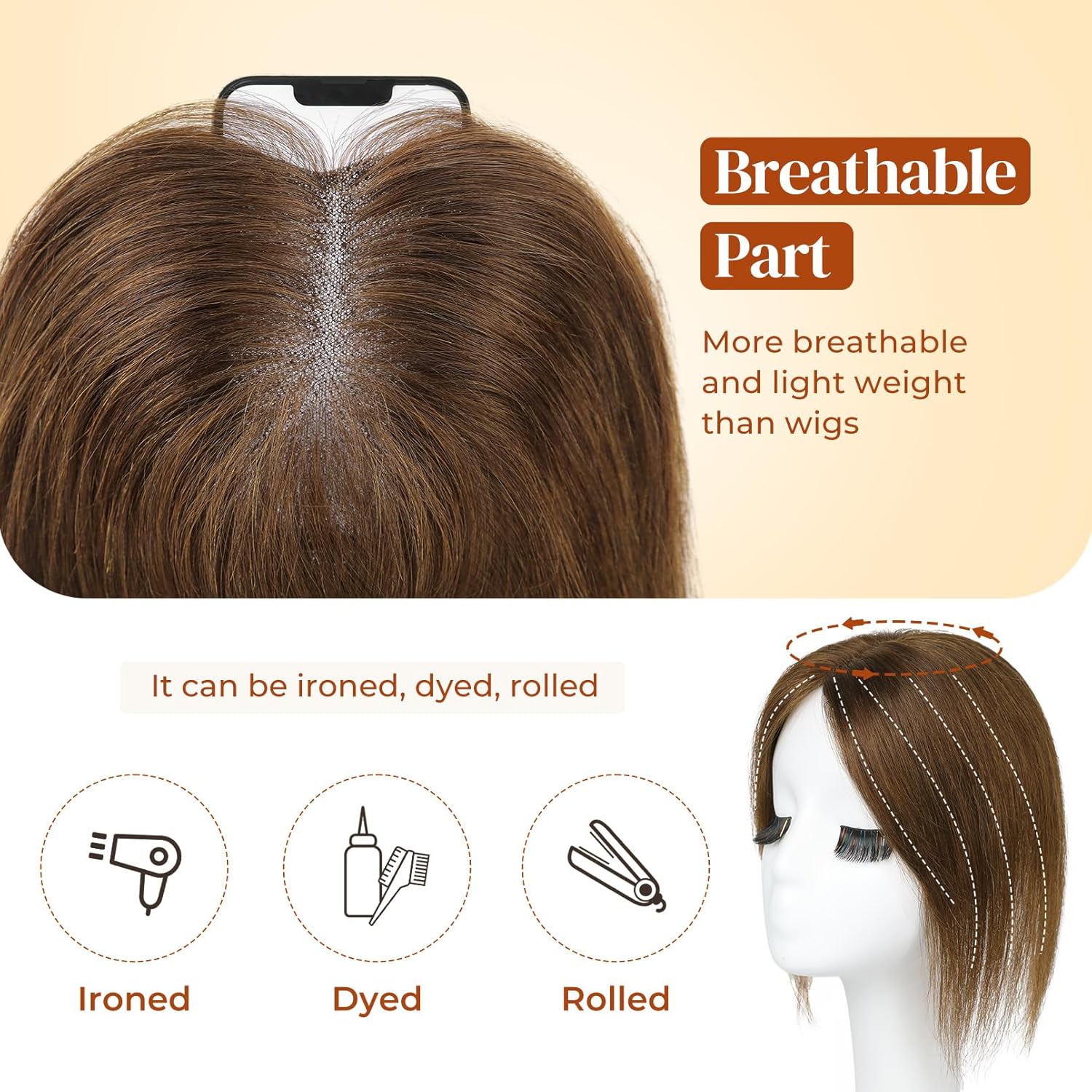 LONAI Real Human Hair Topper, 10 Inch 100% Human Hair Toppers for Thinning Hair, Large Hand-woven area Coverage Natural Hairpiece Wiglet for Women Daily 5"x3.5" Silk Base-Medium Brown with Blonde - Image 4