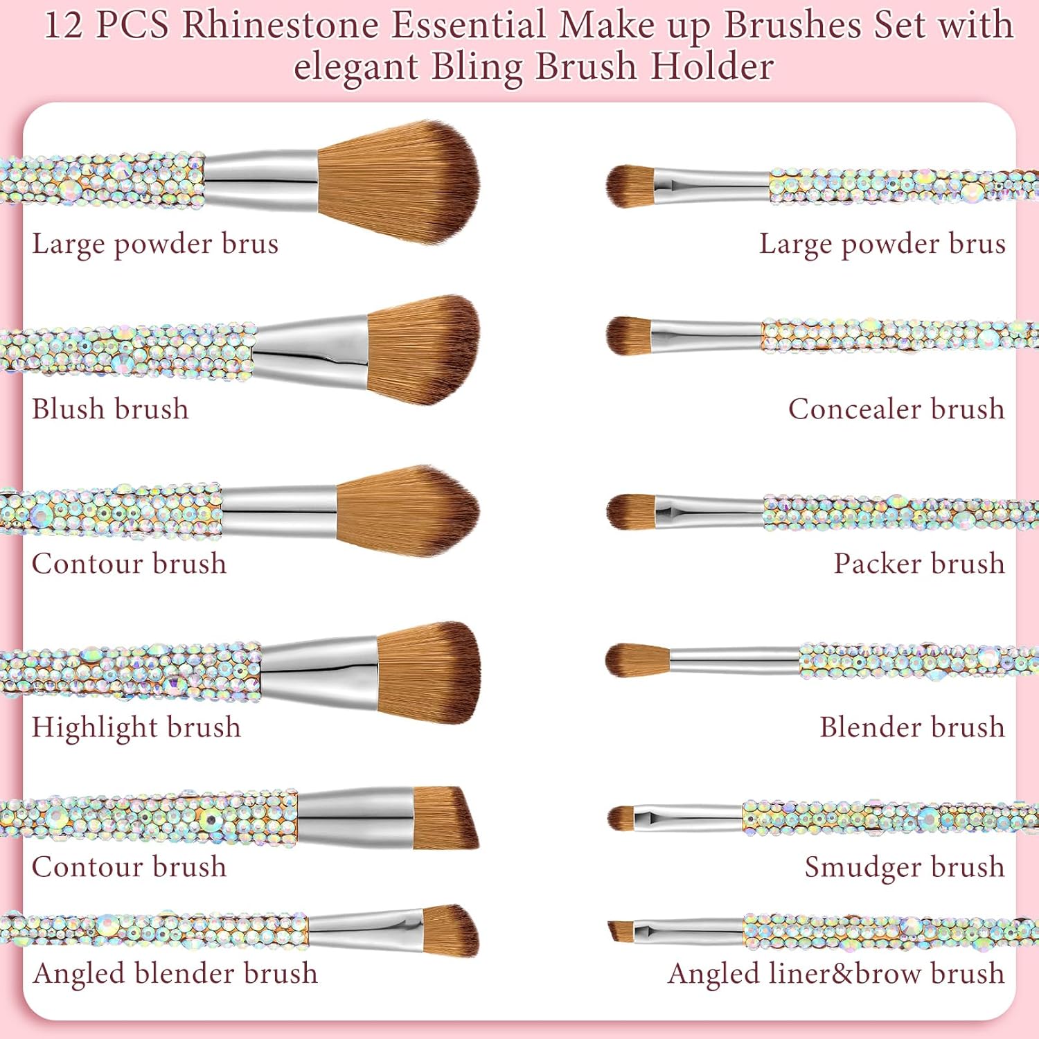 13 Pieces Rhinestone Makeup Brushes Set Bling Crystal Professional Face Cosmetics Blending Liquid Foundation Powder Concealer Eye Shadows Make up Beauty Tool Glitter with Holder (Silver, Yellow) - Image 2