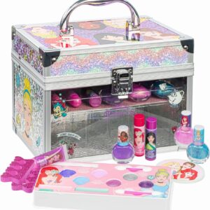 Disney Princess Train Case Beauty Set, Kids Makeup Kit for Girls, Real Washable Makeup Set, Play Makeup, Party Favor, Birthday, Ages 3 4 5 6 7 8 9 10 11 12 by Townley Girl