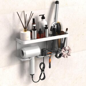 Hair Dryer Holder Wall Mounted Adhesive/Drilling, Storage Organizer With Shelf & Hooks, Rack for Bathroom, Blow Dryer Holder, Tool Organizer (White)
