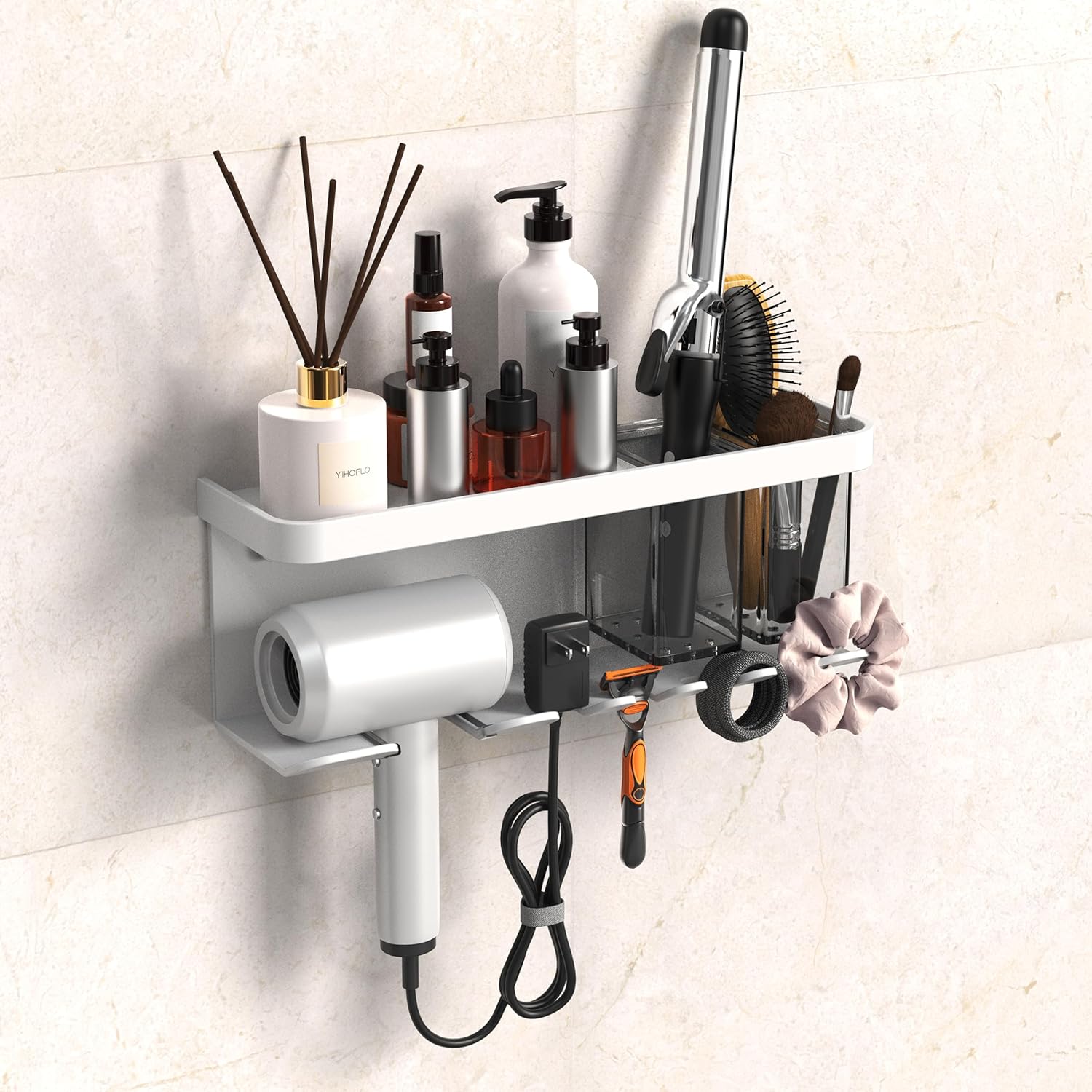 Hair Dryer Holder Wall Mounted Adhesive/Drilling, Storage Organizer With Shelf & Hooks, Rack for Bathroom, Blow Dryer Holder, Tool Organizer (White)