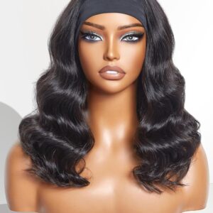 LUVME HAIR Body Wave Human Hair Headband Wig Ready to Go No Lace Glueless Human Hair Wigs with Adjustable Headband Natural Black Long Head Band Wig Beginners Friendly 18 Inch