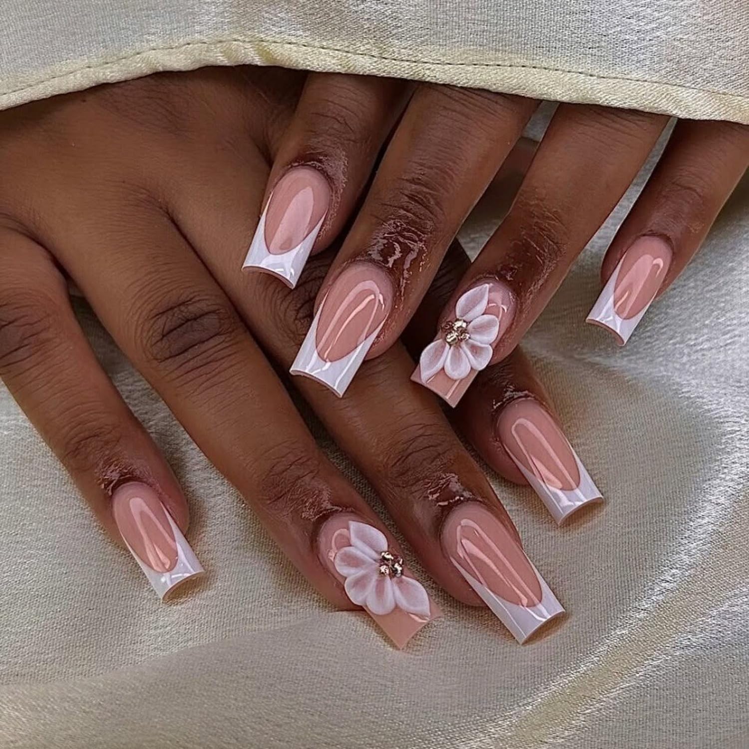 White French Tip Handmade Press on Nails Medium Square Fake Nails Muti-Layer Gel False Nails with 3D Flower Rhinestones Designs Thick Acrylic Nails Full Cover Stick on Nail for Women Nail DIY (Size M) - Image 4