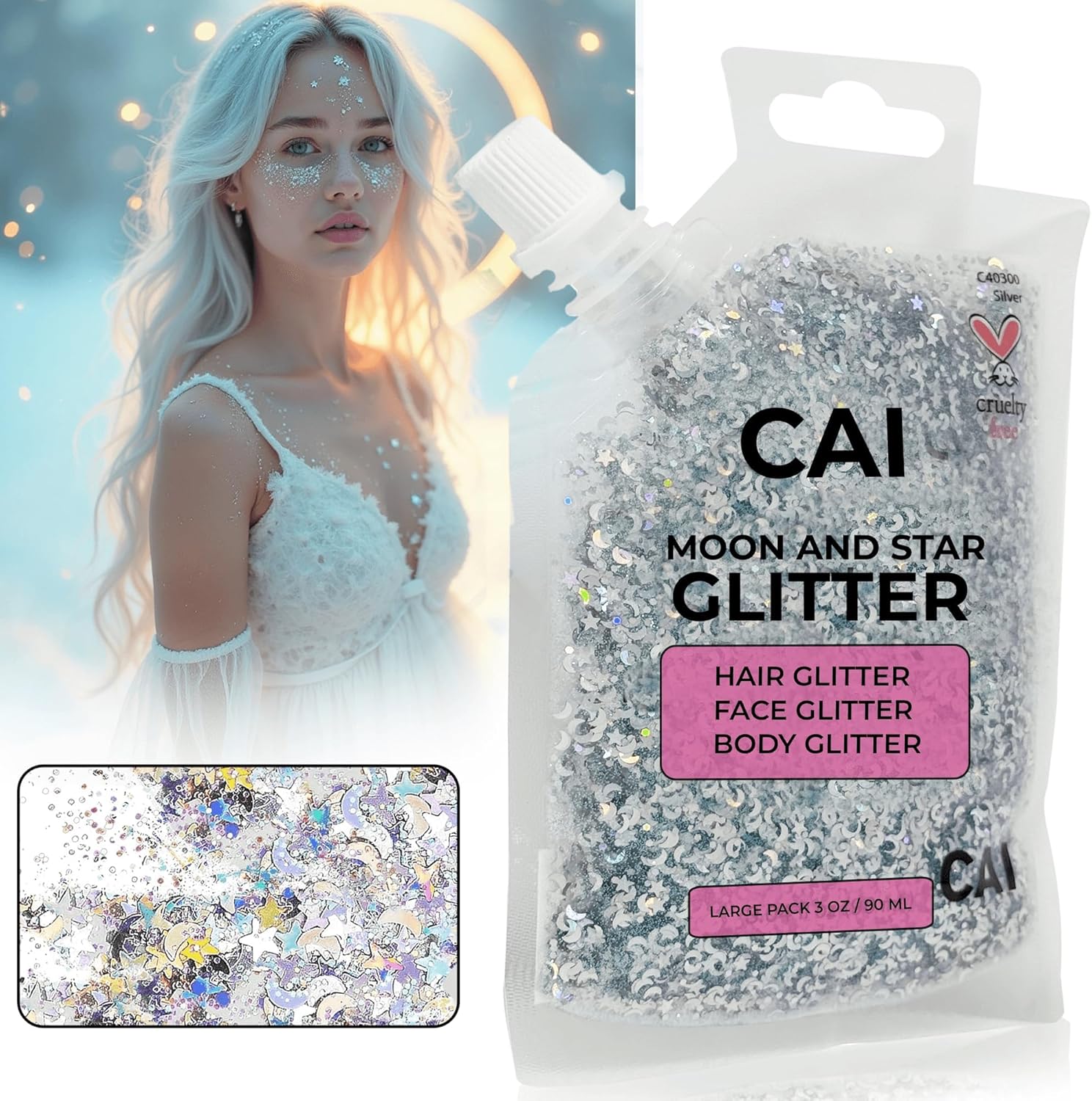 Hair Glitter Gel; Body Glitter & Face Glitter for Women/Kids (Large 3 Oz Silver) Moon & Stars; Iridescent Holograph Cosmetic Grade- Apply Without Glue, Easy to Take Off Keeps Skin Clean - Image 5