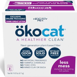 ökocat Less Mess Low Tracking Wood Clumping Cat Litter Mini- Pellets, Unscented, 14.8 pounds - Natural Ingredients, Stops Odor, Clumps Solid, 99% Dust Free, Great for Long-Hair Breeds, All Cats