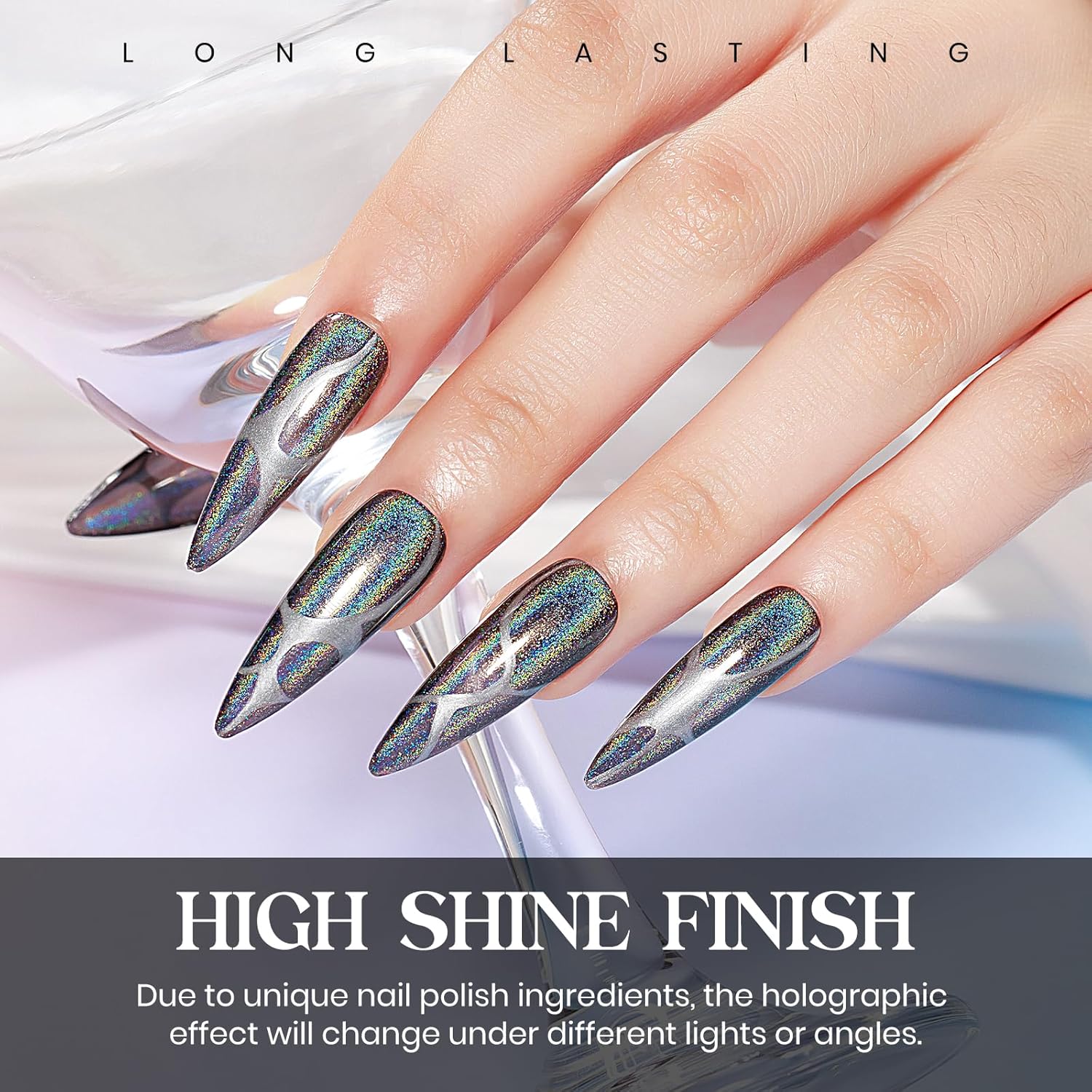 MIZHSE Holographic Nail Polish, Black Glitter Nail Polish Air Dry Fast, 15 ml 0.5 fl oz High Glossy Shiny Nail Pigment Oil-based Laser Iridescent Chrome Halo Nail Art Salon Manicure Home - Image 4