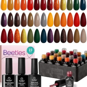 beetles Gel Polish Nail Set 20 Colors Cozy Campfire Collection Orange Yellow Green Brown Fall spring Gel Polish Set Soak Off Uv Lamp Need Base Glossy & Matte Top Coat Manicure Kit Gift for Girls