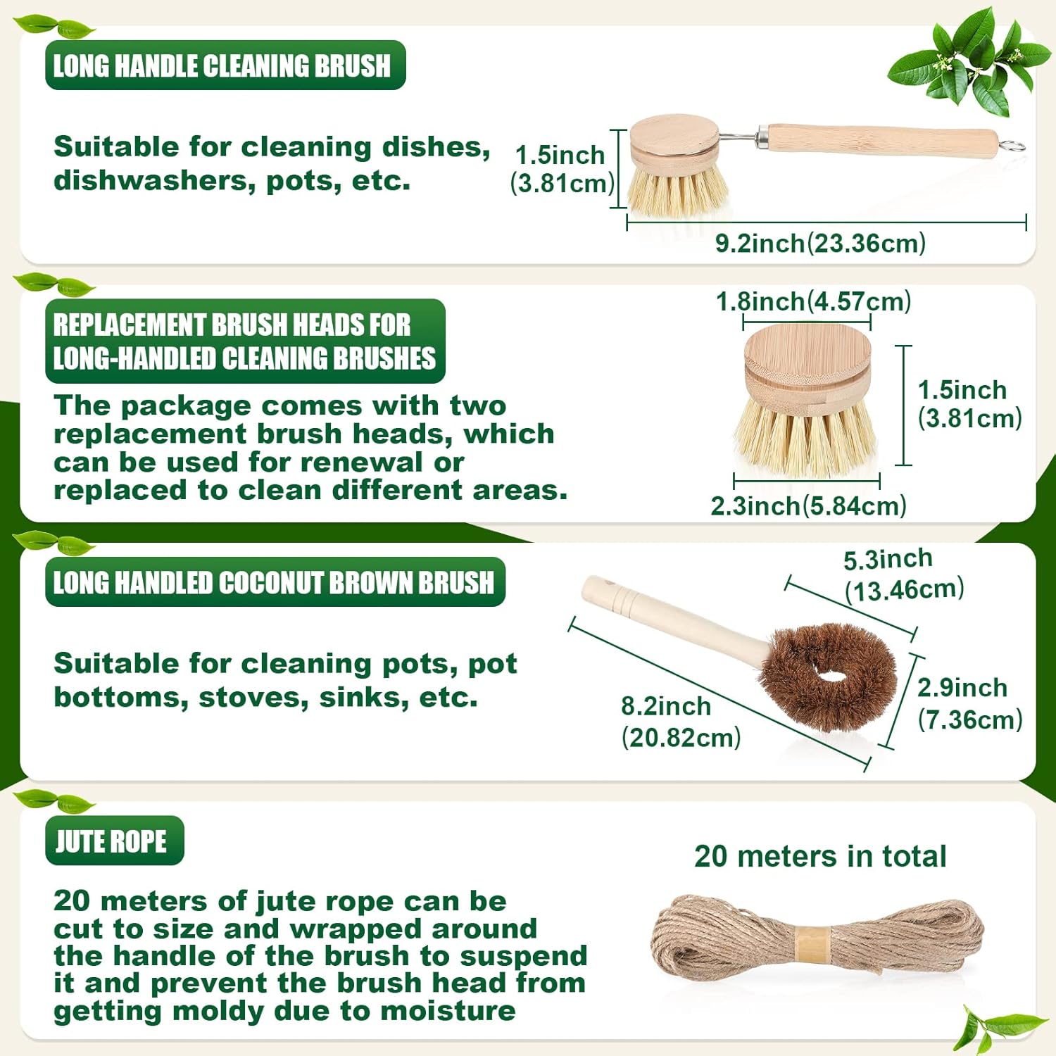 8 Pc Natural Sisal Bristle Bamboo Dish Brush Set for Pots Pans and Household Cleaning - Image 4