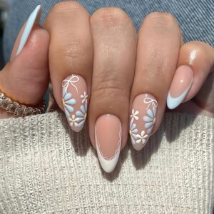 Flower Fake Nails Almond Daisy Press on Nails, White Blue French Tip Press on Nails Full Cover Glossy False Nails with Designs Spring Summer Acrylic Nails for Women DIY Manicure Decorations