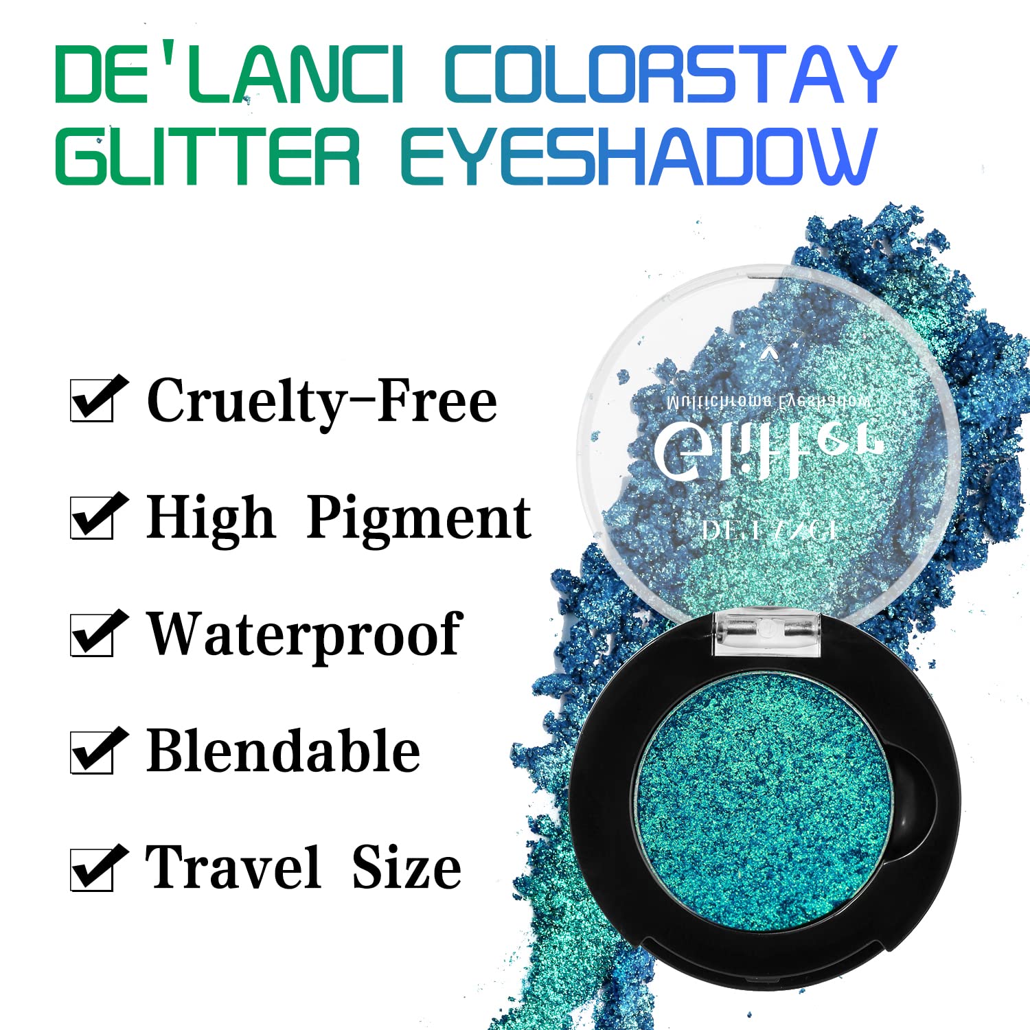 DE'LANCI Multichrome Peacock Green Eyeshadow Single, St. Patrickโs Day Metallic Glitter Eye Cosmetic, Sparkly Emerald Shimmer Makeup for Festive, Intense Long-Lasting Eyeshadow for Blue/Green Eyes - Image 6