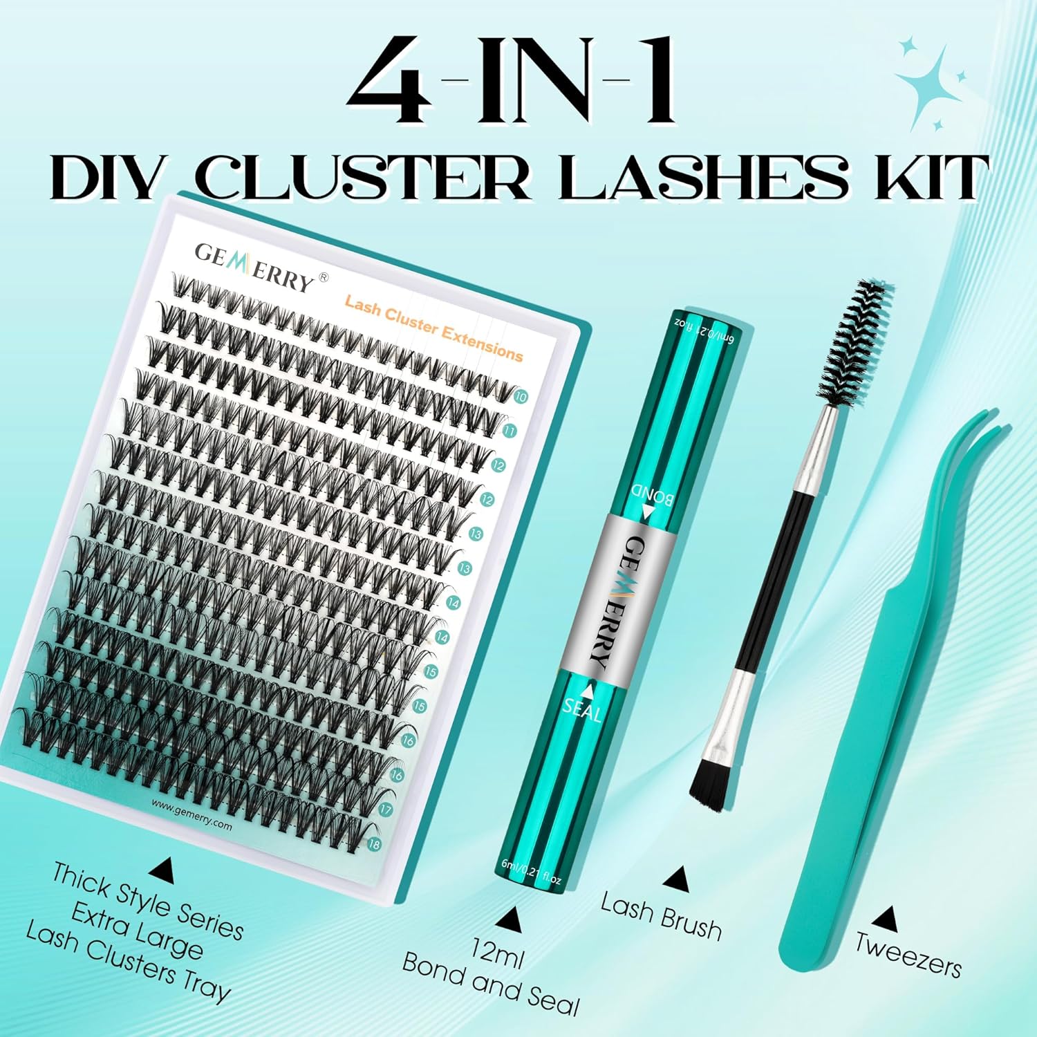 GEMERRY Lash Extension Kit Thick Lash Clusters Kit Fluffy Eyelash Clusters D Curl Eyelash Extension Kit With Lash Bond and Seal, Lash Tweezers, DIY Lash Extension Kit(80P-10-18mm) - Image 7