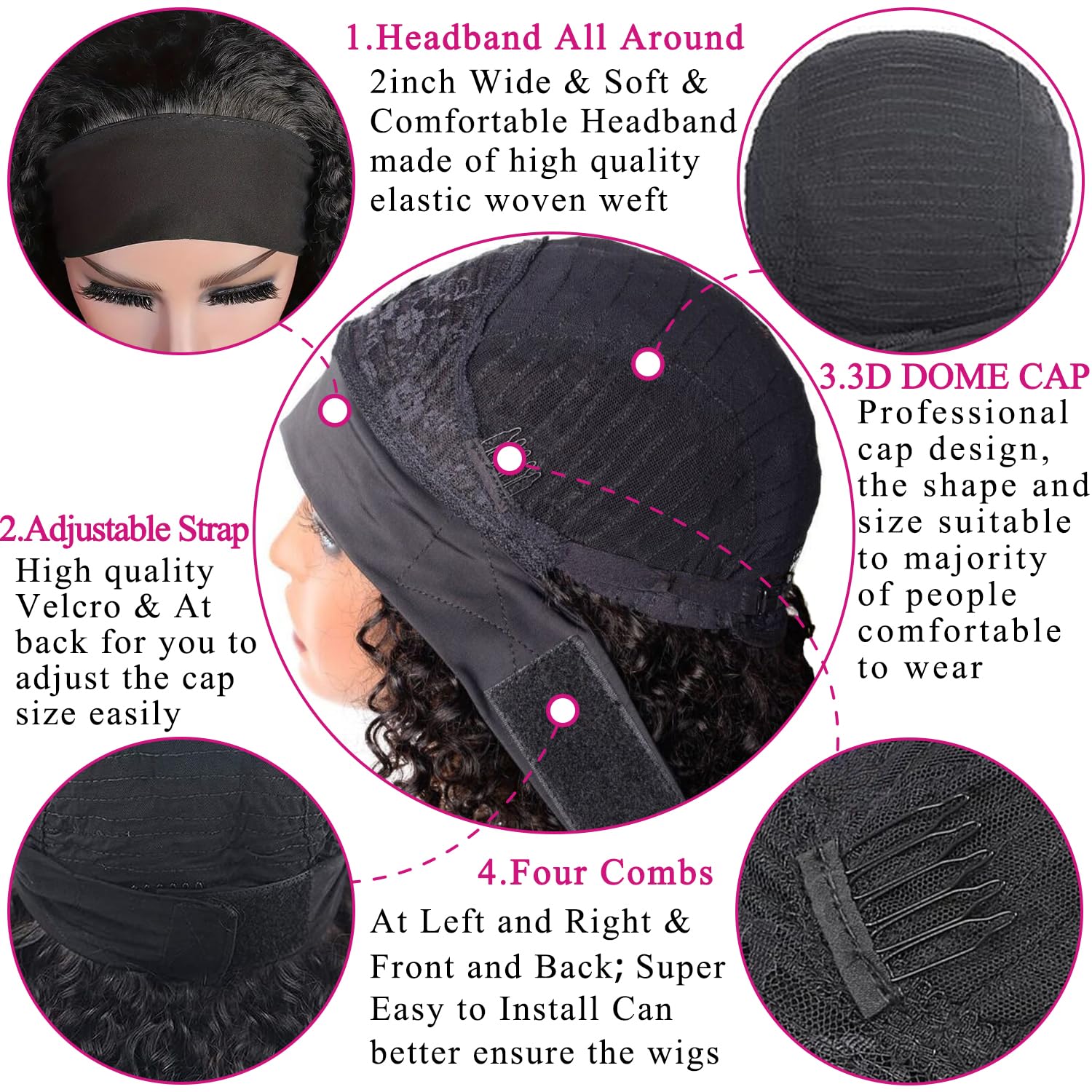 Headband Wig Human Hair Deep Wave 20 Inch Human Hair Headband Wig Glueless Curly Wigs None Lace Front Wigs for Black Women Natural Color - Image 4