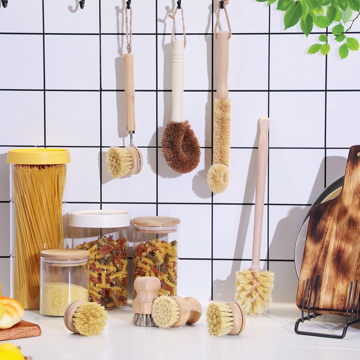 8 Pc Natural Sisal Bristle Bamboo Dish Brush Set for Pots Pans and Household Cleaning - Image 6