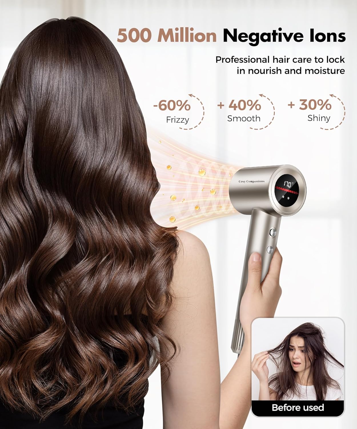 Hair Dryer, 150000RPM High-Speed Hairdryer for Fast Drying, Low Noise, HD Display, 5 Temps & 2 Speeds, 500 Million Negative Ionic Blow Dryer with Diffuser & Nozzle, Gold - Image 6