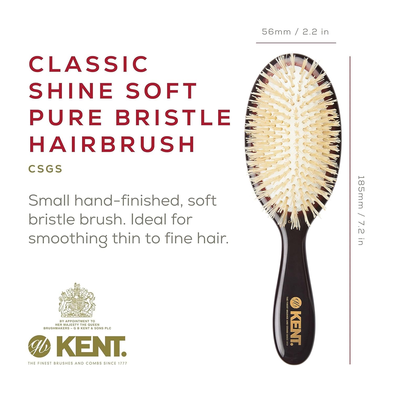 Kent CSGS Classic Shine Small Oval Cushion Straightening Brush and Hair Detangler Natural White Boar Bristle Hair Brush, Shine Hair Brush and Scalp Scrubber for Mid-Length Fine or Thinning Hair - Image 2