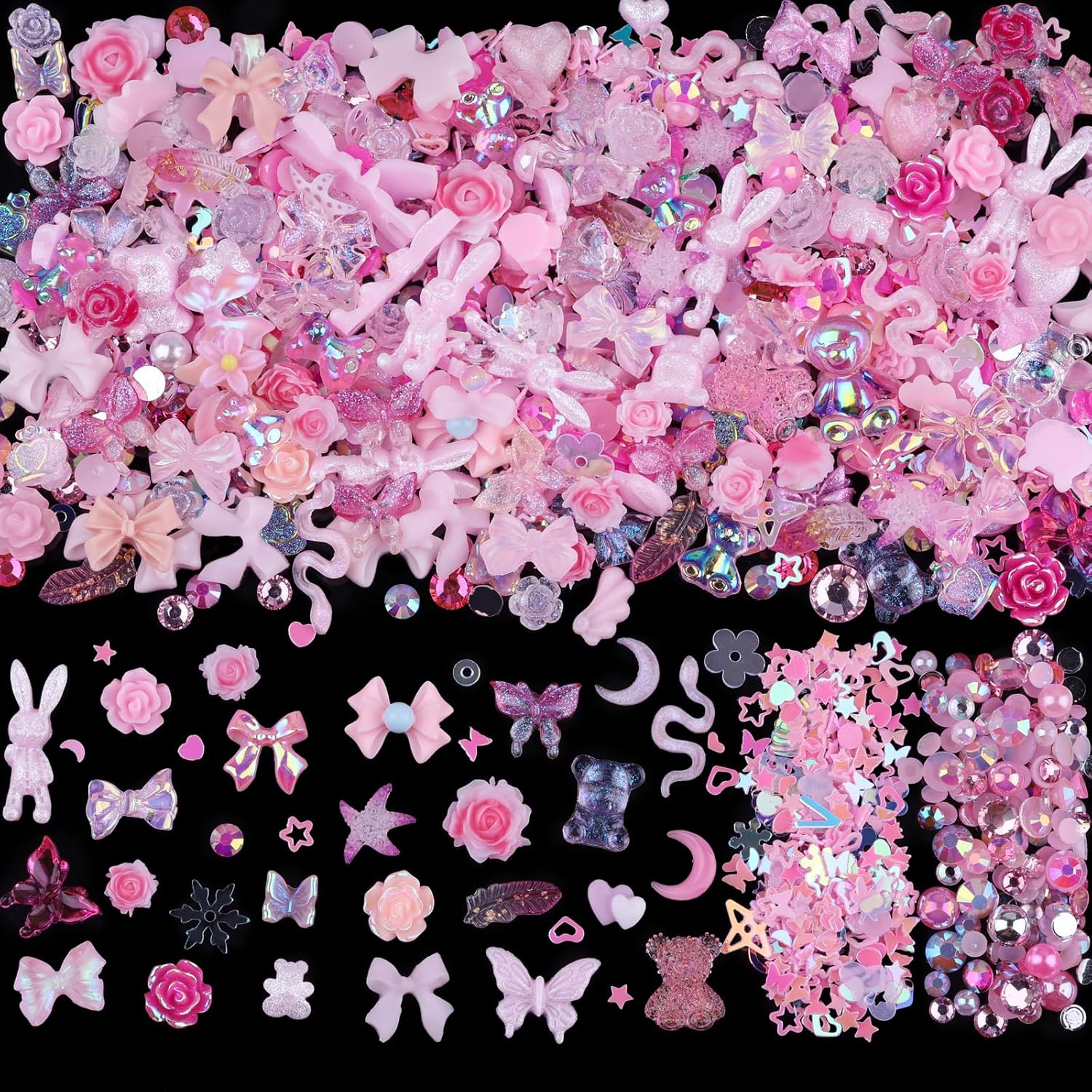 300pcs Nail Art Charms Kit,Over 100pcs Mixshape Resin Nail Gems and 100 pcs Mixed Flatback Nail Rhinestones Pearls with Over 100pcs Nail Sequins for Nail Art Accessories (Pink)