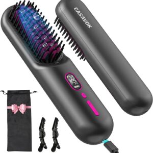 Cordless Hair Straightener Brush for Travel,Mini Hair Straightener Comb with Negative Ion,Portable hot Brush Hair Straightener for Women, Rechargeable 9600mAh Battery, Anti-Scald,12 Temp-Setting