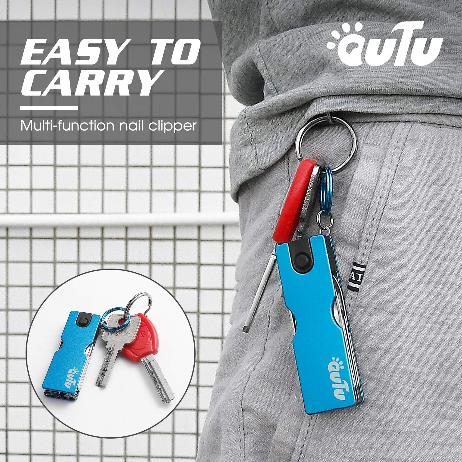 OUTU Keychain Nail Clippers Multitool, 8 in 1 EDC Utility Tool with Nail Clipper, Scissors, Tweezers, Gifts for Him Men Husband Dad Boyfriend (Blue) - Image 5