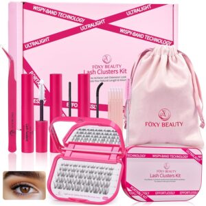 Lash Clusters Kit with Bond and Seal Clear Band Lash Clusters Lash Extension Kit with Eyelid Wipes Brush Eyelash Extension Kit with Drawstring Bag