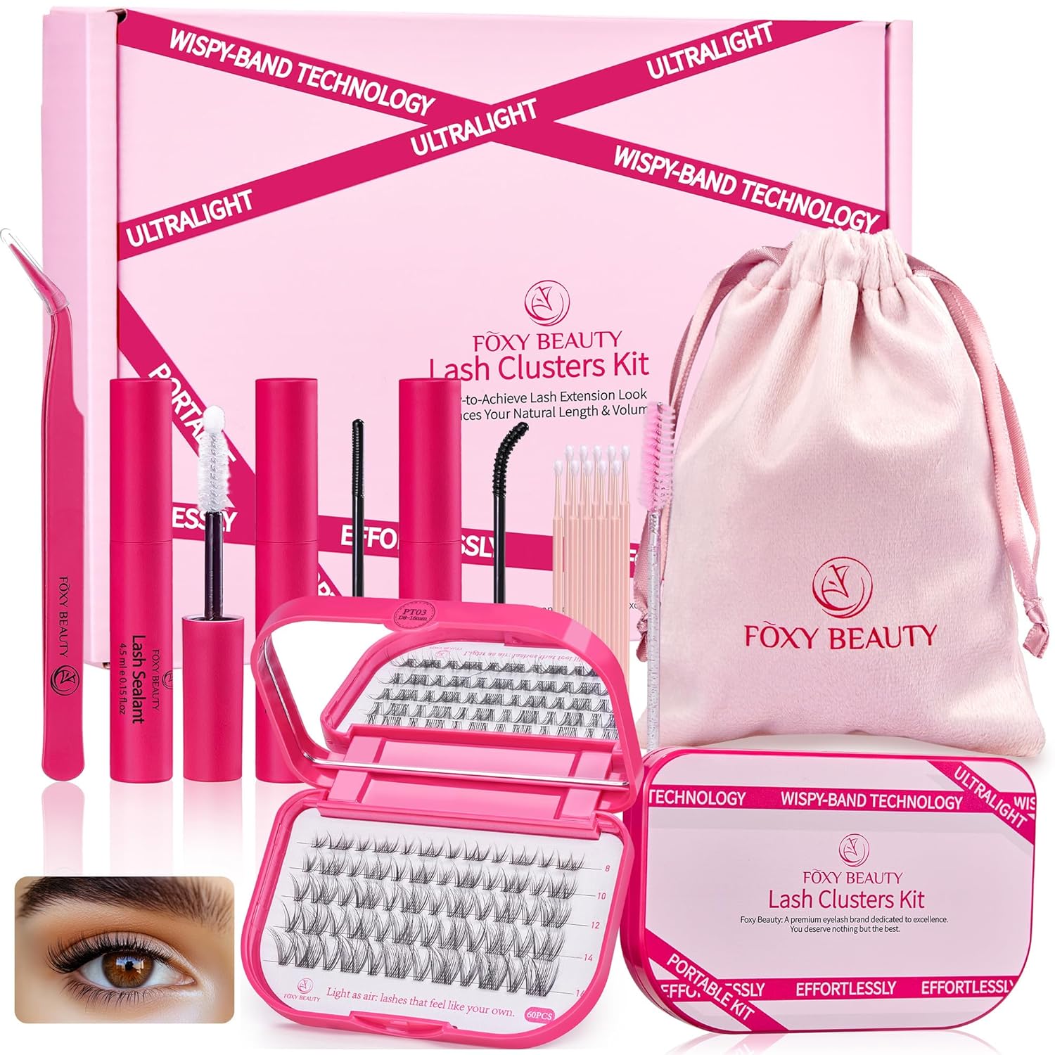 Lash Clusters Kit with Bond and Seal Clear Band Lash Clusters Lash Extension Kit with Eyelid Wipes Brush Eyelash Extension Kit with Drawstring Bag