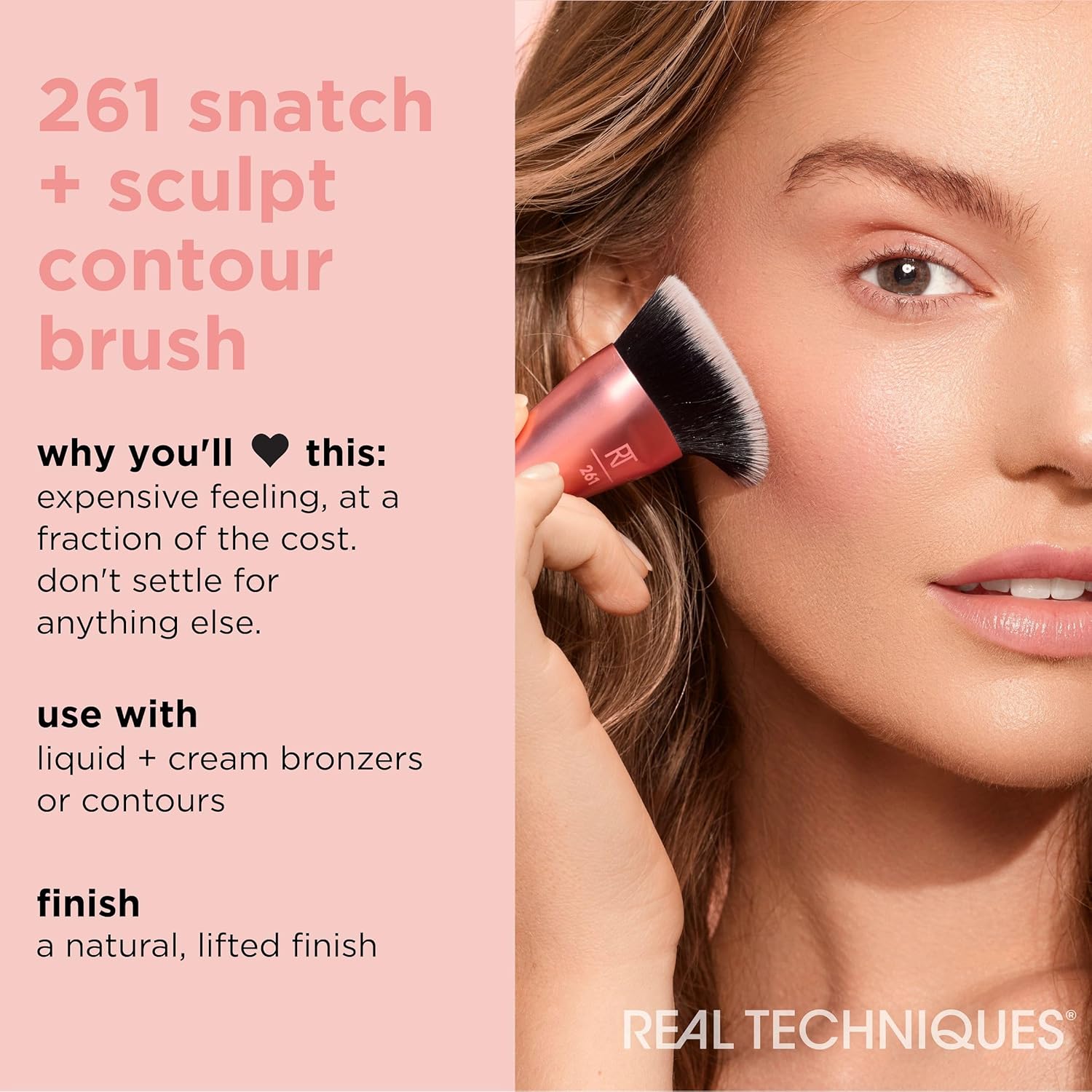 Real Techniques Snatch + Sculpt Contour Makeup Brush, For Liquid & Cream Contour & Bronzer, Flat Top & Oval Head For Blending & Buffing, Dense, Synthetic Bristles, Vegan & Cruelty Free, 1 Count - Image 3