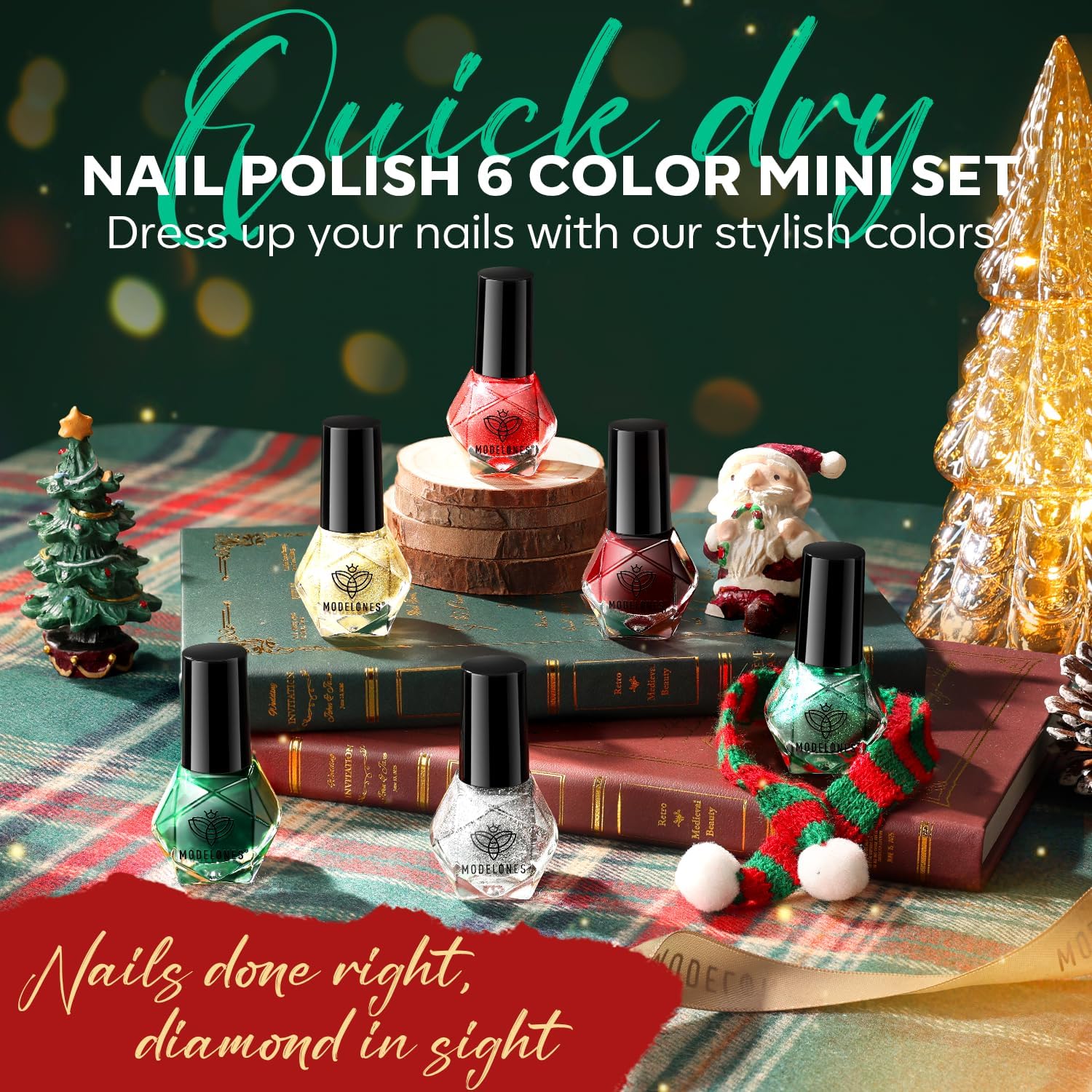 modelones Nail Polish Set 6 Colors Red Green Glitter Mini Nail polish Set Gold Silver Nail Polish Kit Quick Dry Manicure Nail Art Manicure DIY Home Salon Gift for Women Mom - Image 2