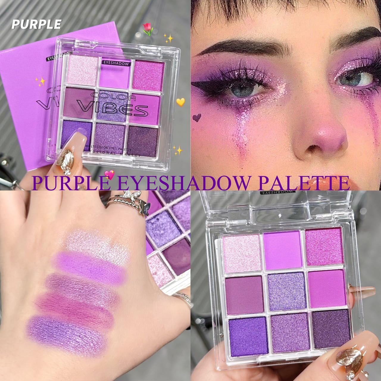 Purple Glitter Matte Eyeshadow Palette, 9 Colors Shimmer High Pigmented Eyeshadow Powder, Dream Purple Eye Shadow Palette Makeup,Waterproof Blendable Colorful Eyeshadow Palette for Girl Women - Image 3