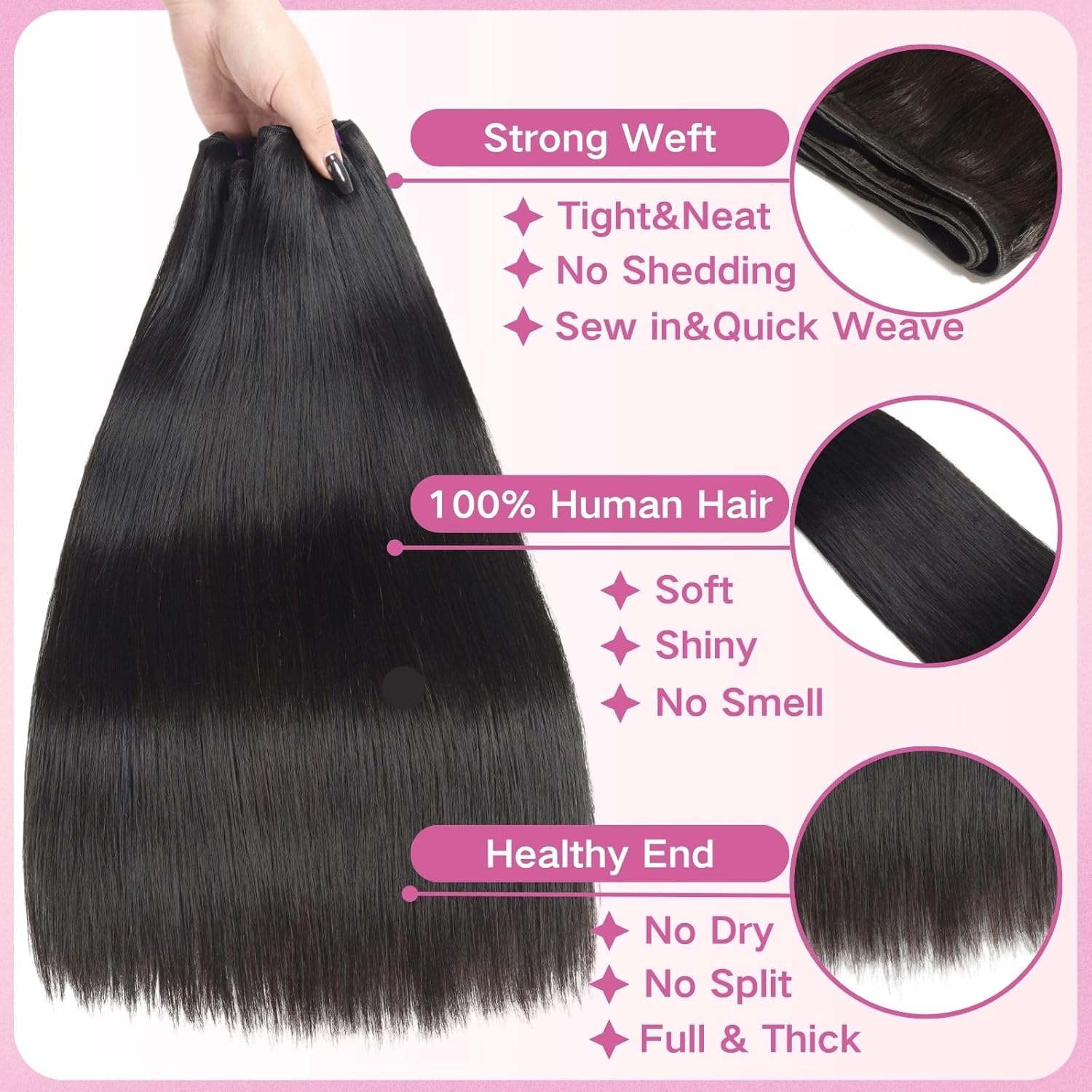 Beauty Queen 16A Straight Bundles Human Hair (18 20 22 Inch) 100% Unprocessed Human Hair Bundles Straight Weave Thick 3 Bundles Remy Brazilian Virgin Hair Extensions for Women Natural Black Color - Image 2