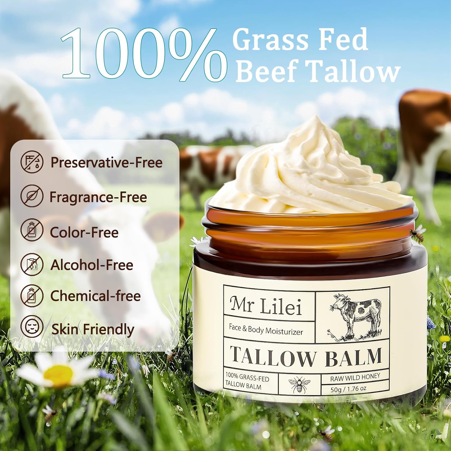 Grass-Fed Beef Tallow Balm for Skin with Raw Honey - Face & Body Moisturizer - Natural Whipped Skin Care Cream for Dry Skin- Hydrating Body Lotion for Nourishment (50g/1.76oz) - Image 3